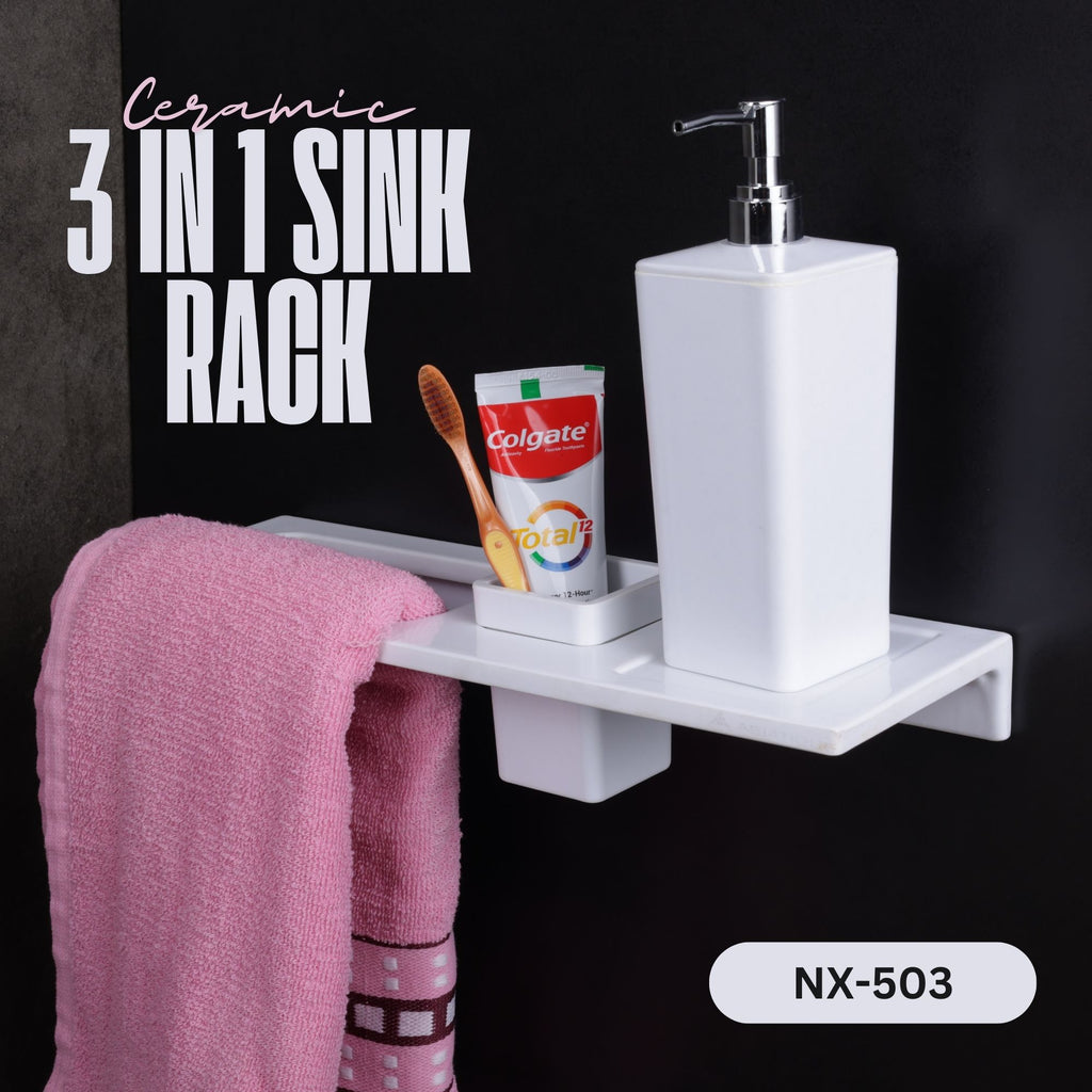 ASIATIQUE Semi Ceramic 3 In 1 Sink Rack NX-503 | Wall Mounted Bathroom Sink Organizer with Towel Holder & Storage Shelf | Modern Bathroom Accessory