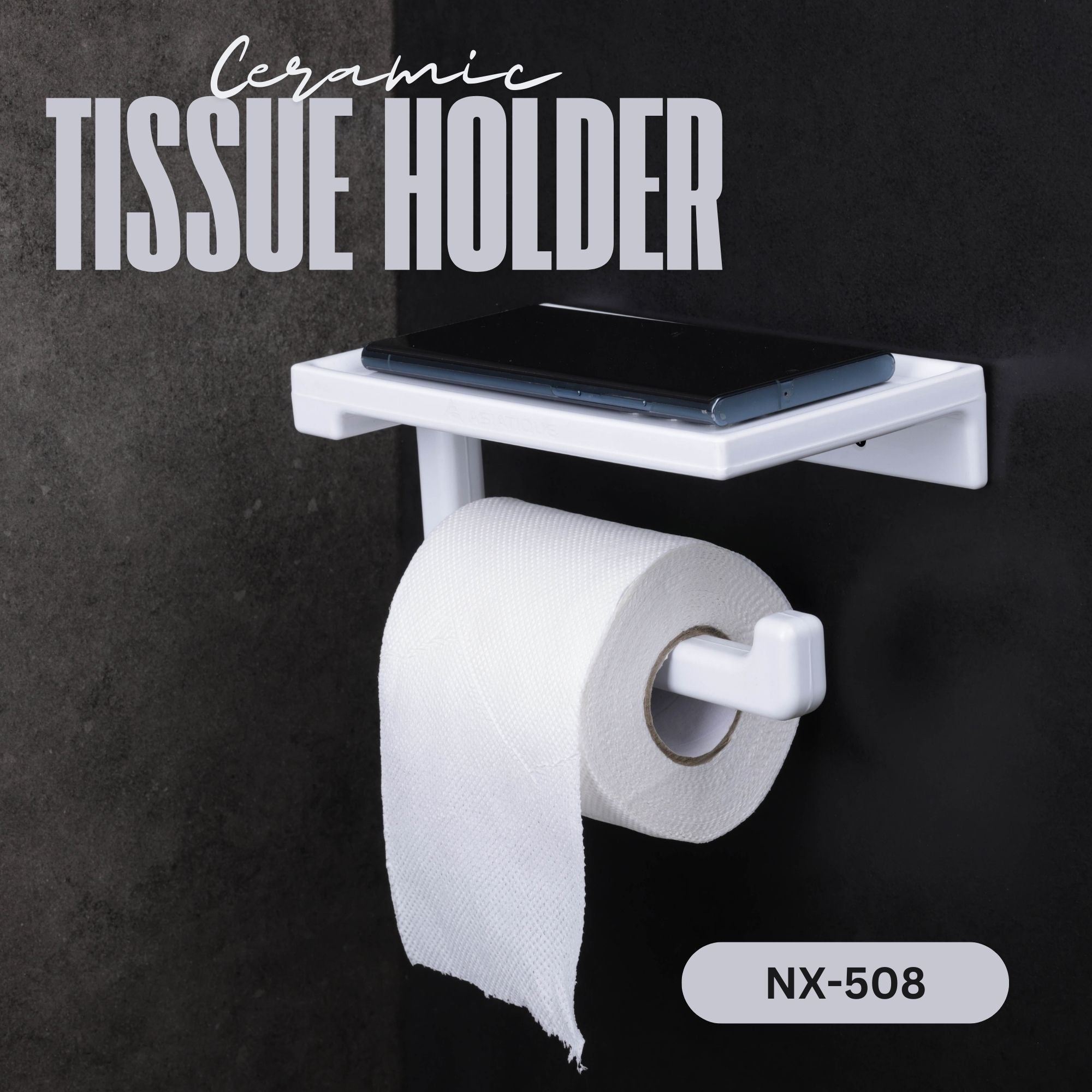 ASIATIQUE Semi Ceramic Tissue Holder NX-508 | Wall Mounted Toilet Paper Holder with Mobile Shelf | Bathroom Tissue Roll Stand | 7.99 Inch
