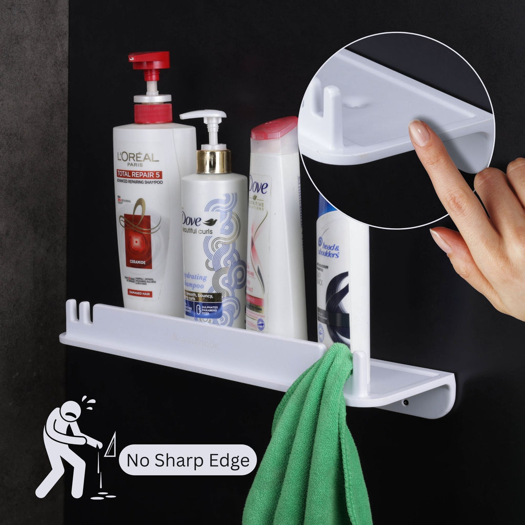 ASIATIQUE Semi Ceramic Shower Rack NX-512 | Wall Mounted Bathroom Storage Shelf with Drain Hole & Towel Holder | 15.43 Inch