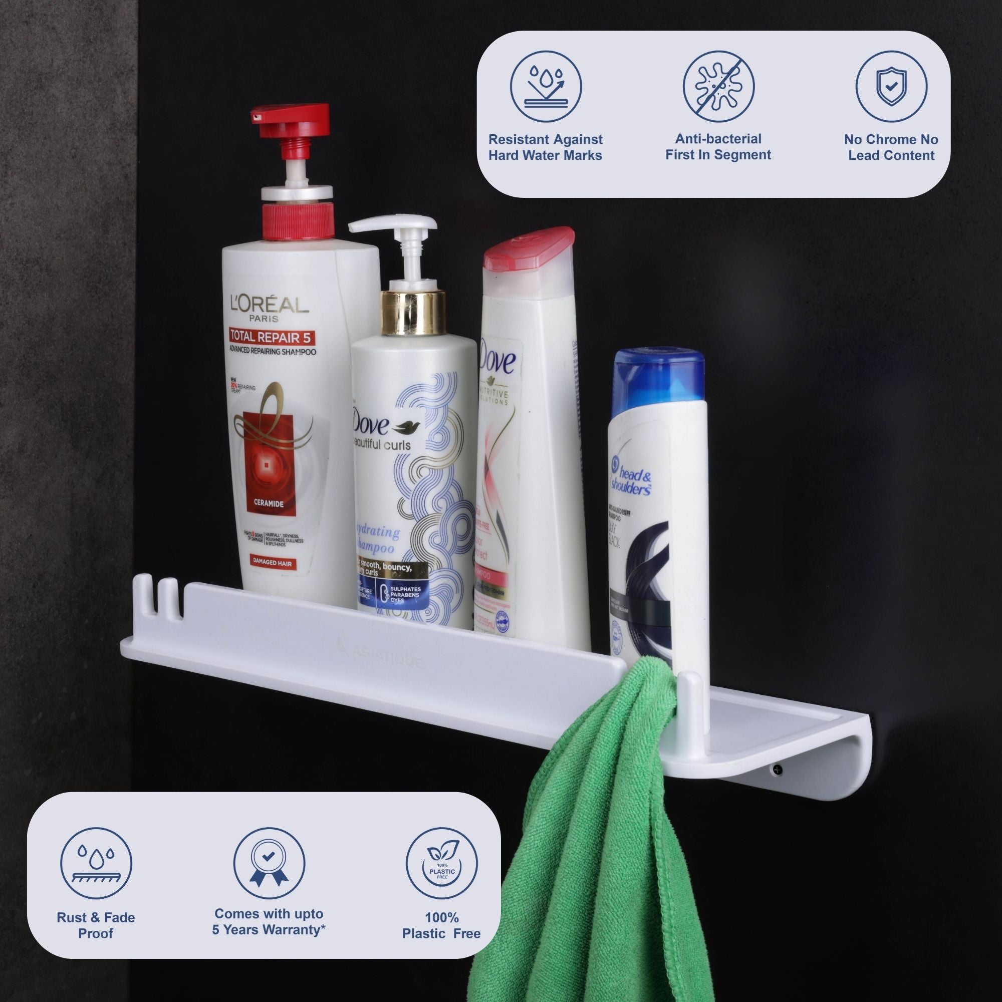 ASIATIQUE Semi Ceramic Shower Rack NX-512 | Wall Mounted Bathroom Storage Shelf with Drain Hole & Towel Holder | 15.43 Inch