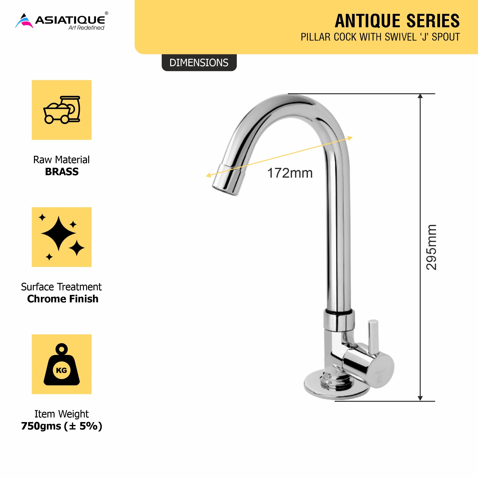 Asiatique Pillar Cock With Swivel 'J' Spout (A-002), Antique Series Premium Faucets & Sink Mixers