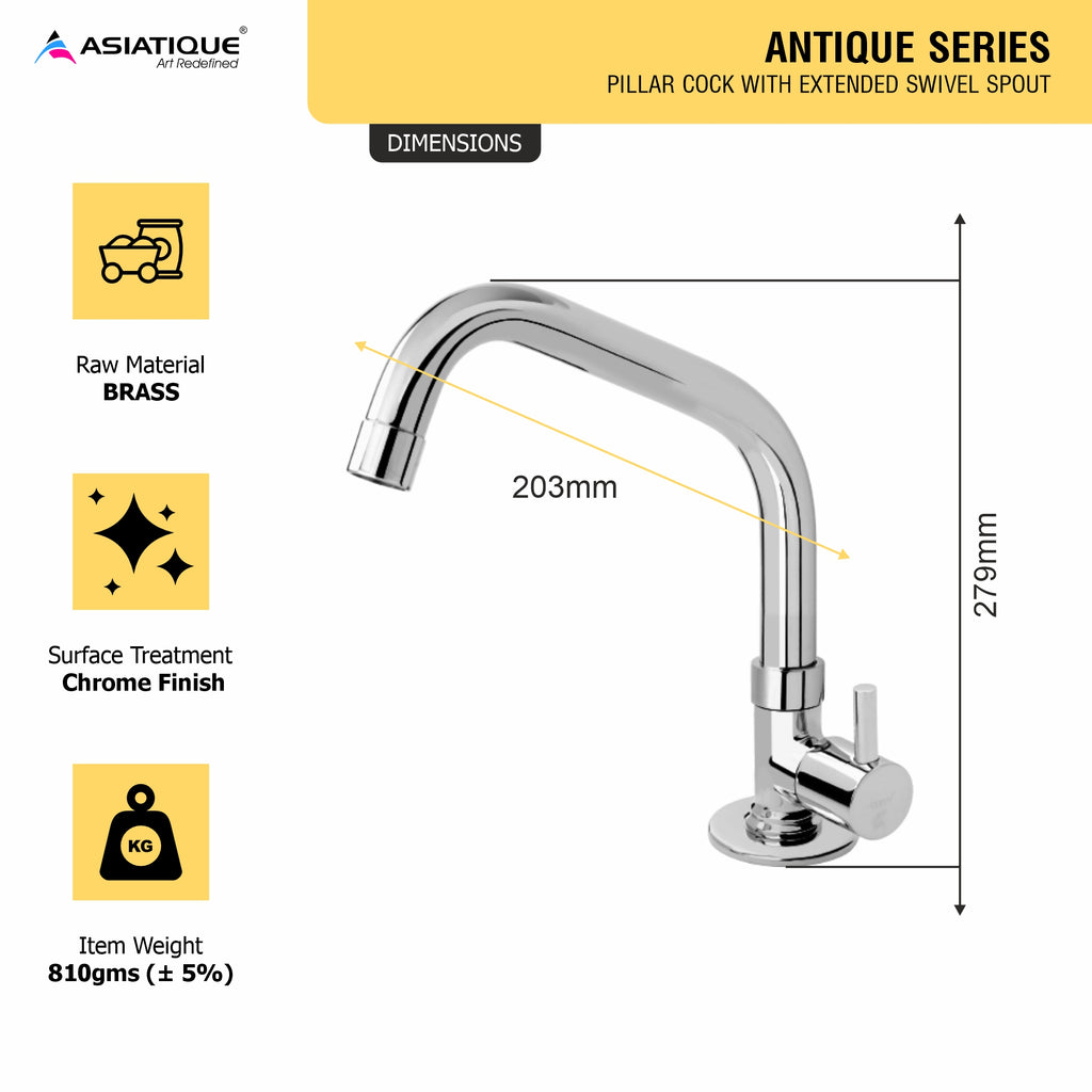 Asiatique Pillar Cock  With Extended Swivel Spout   (A-002EX), Antique Series Premium Faucets & Sink Mixers