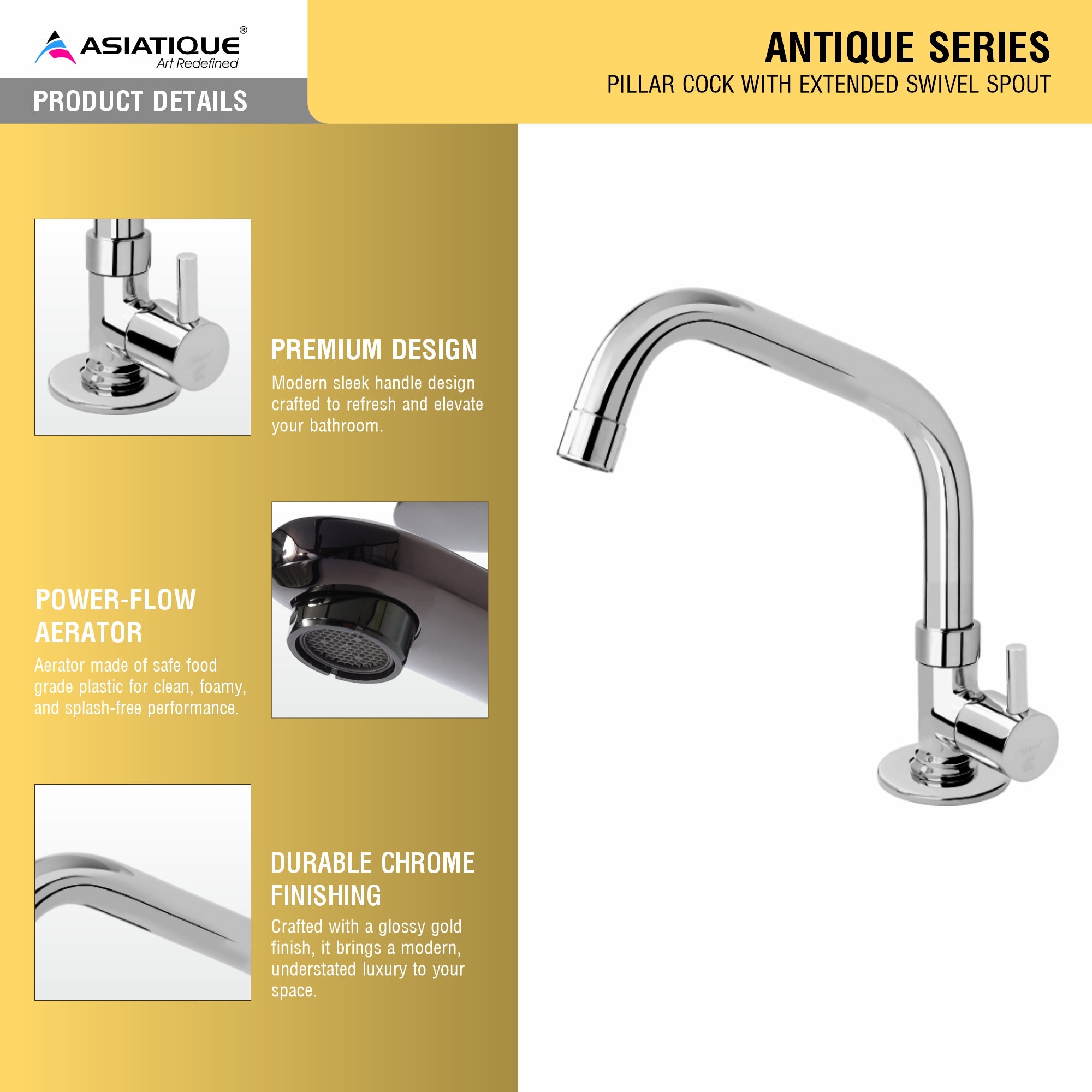 Asiatique Pillar Cock  With Extended Swivel Spout   (A-002EX), Antique Series Premium Faucets & Sink Mixers