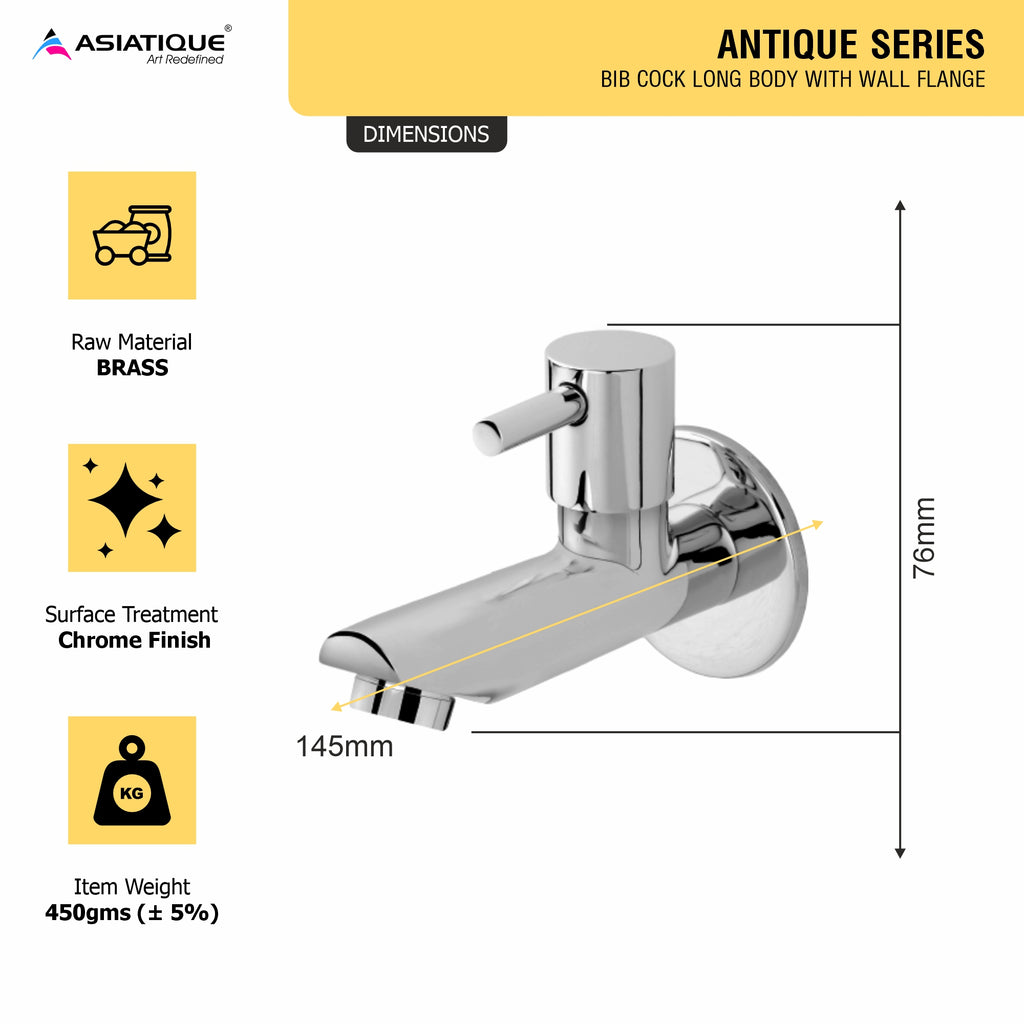 Asiatique Bib Cock Long Body With Wall Flange   (A-004), Antique Series Premium Faucets & Sink Mixers