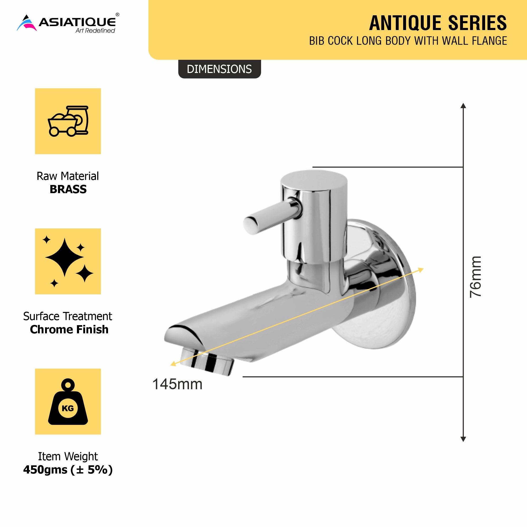 Asiatique Bib Cock Long Body With Wall Flange   (A-004), Antique Series Premium Faucets & Sink Mixers