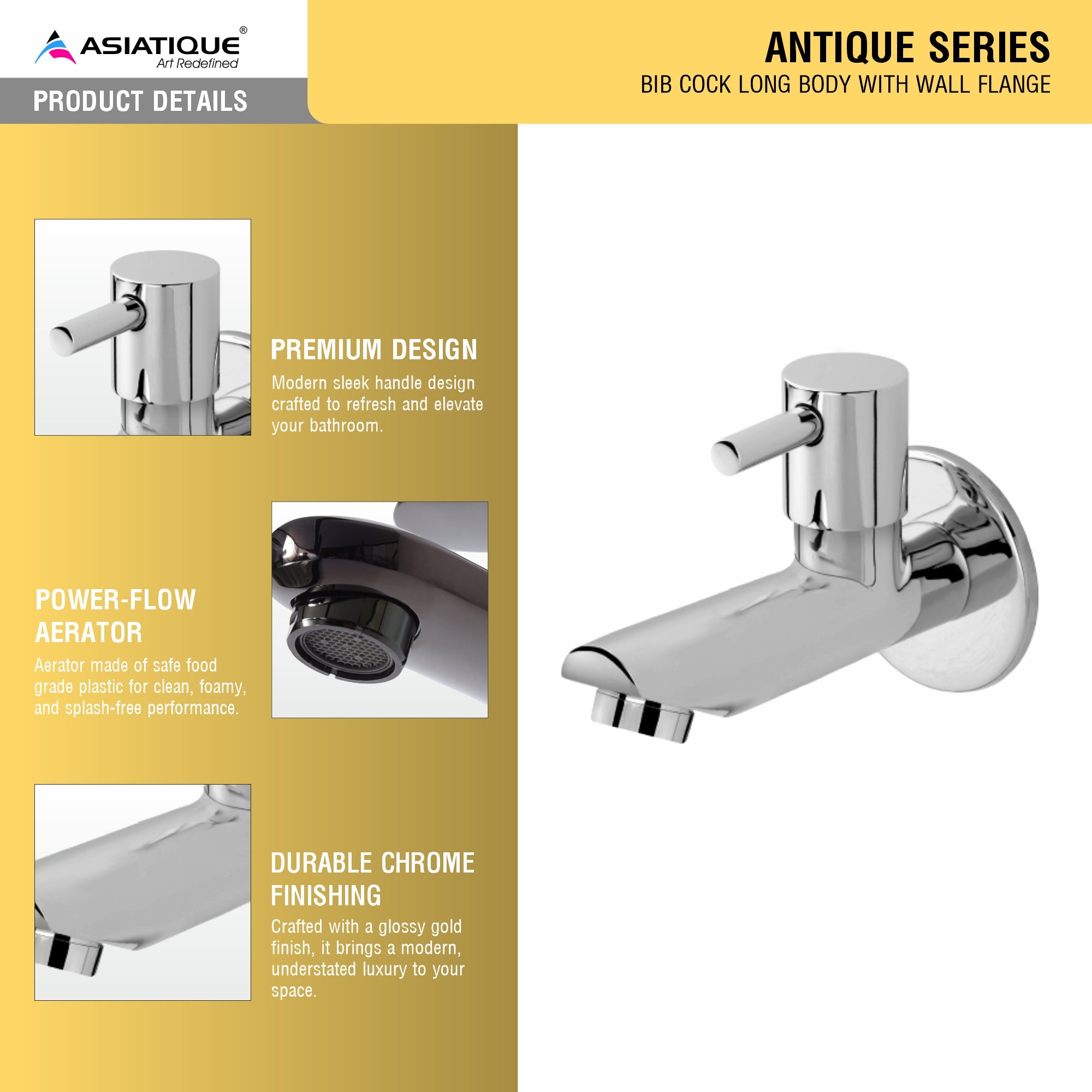 Asiatique Bib Cock Long Body With Wall Flange   (A-004), Antique Series Premium Faucets & Sink Mixers