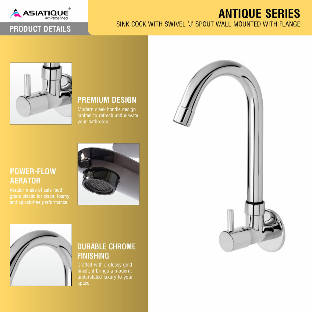 Asiatique Sink Cock With Extended Swivel 'J' Spout Wall Mounted With Flange  (A-008), Antique Series Premium Faucets & Sink Mixers