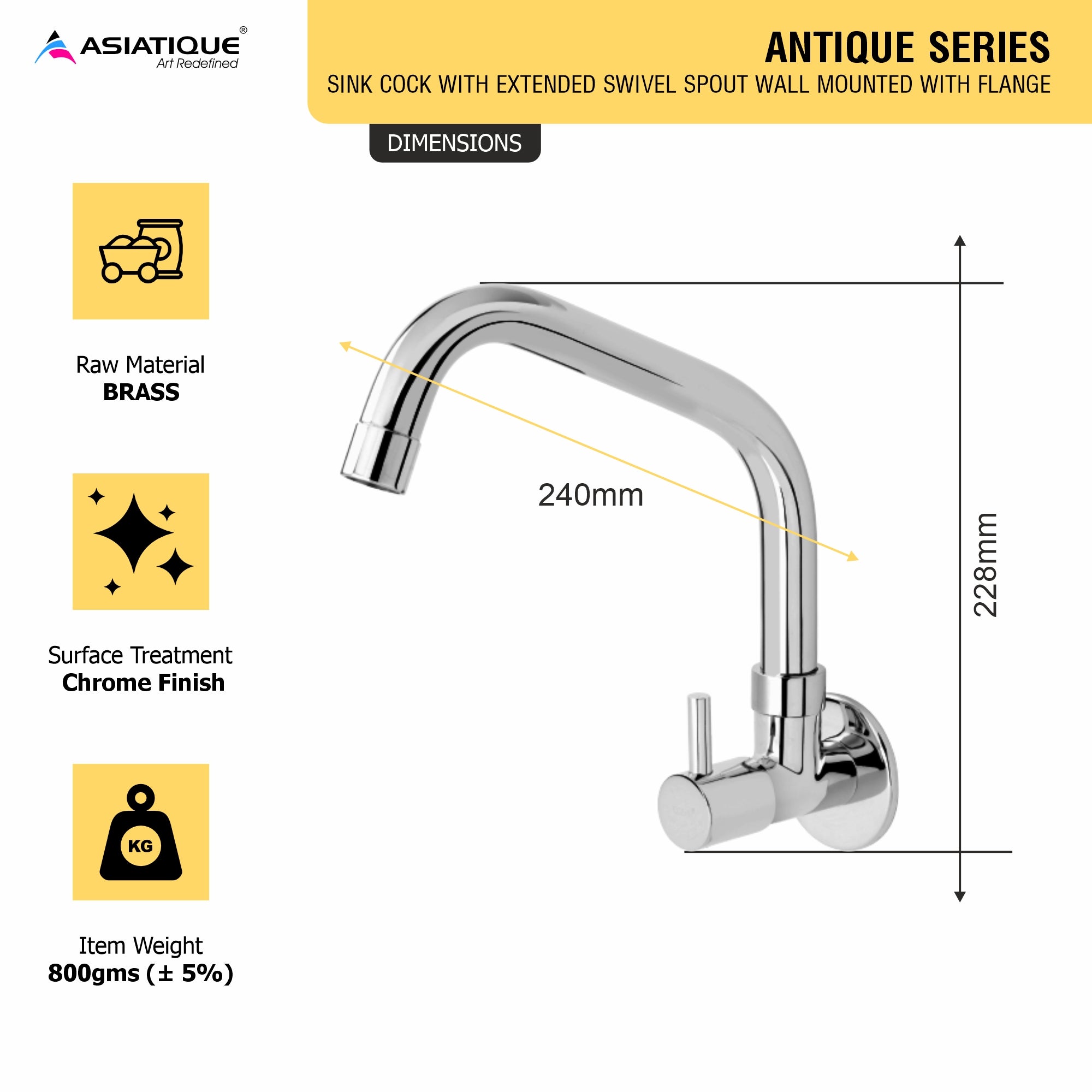 Asiatique Sink Cock With Extended Swivel Spout Wall Mounted With Flange  (A-008EX), Antique Series Premium Faucets & Sink Mixers