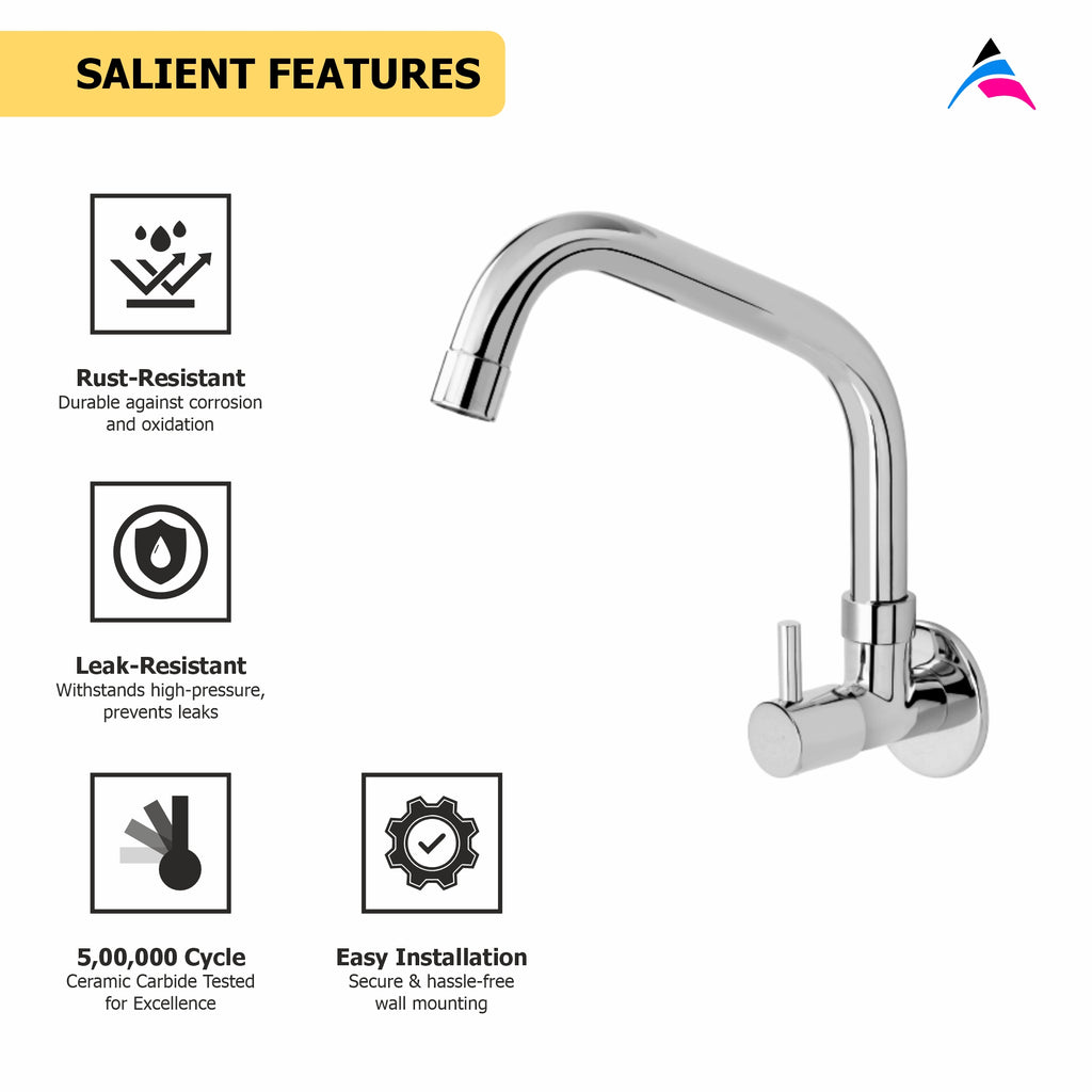 Asiatique Sink Cock With Extended Swivel Spout Wall Mounted With Flange  (A-008EX), Antique Series Premium Faucets & Sink Mixers