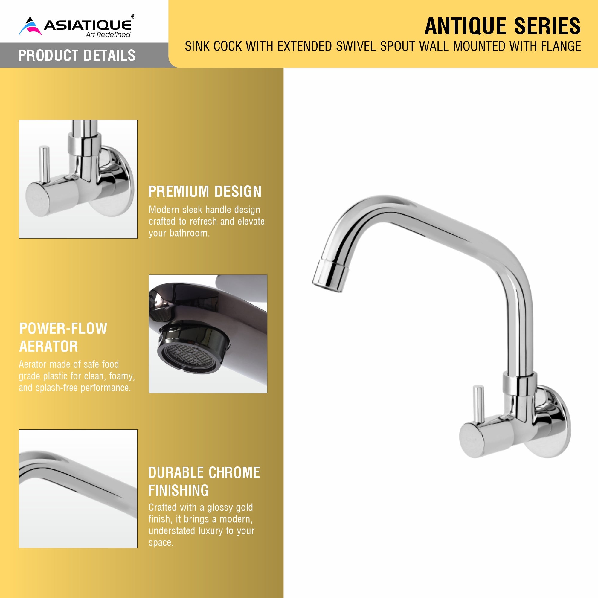 Asiatique Sink Cock With Extended Swivel Spout Wall Mounted With Flange  (A-008EX), Antique Series Premium Faucets & Sink Mixers