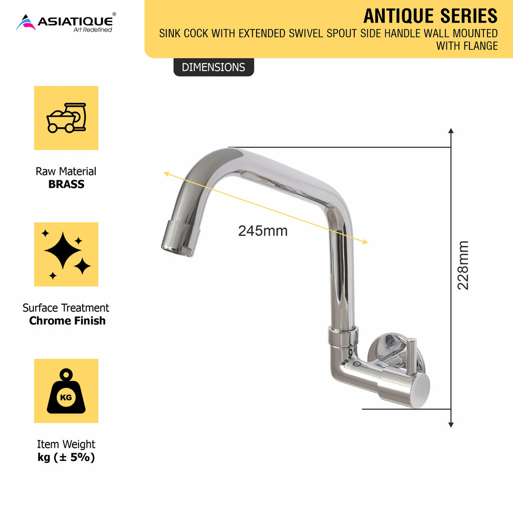 Asiatique Sink Cock with Extended Swivel Spout Side Handle Wall Mounted with Flange (A-008EX SH), Antique Series Premium Faucets & Sink Mixers