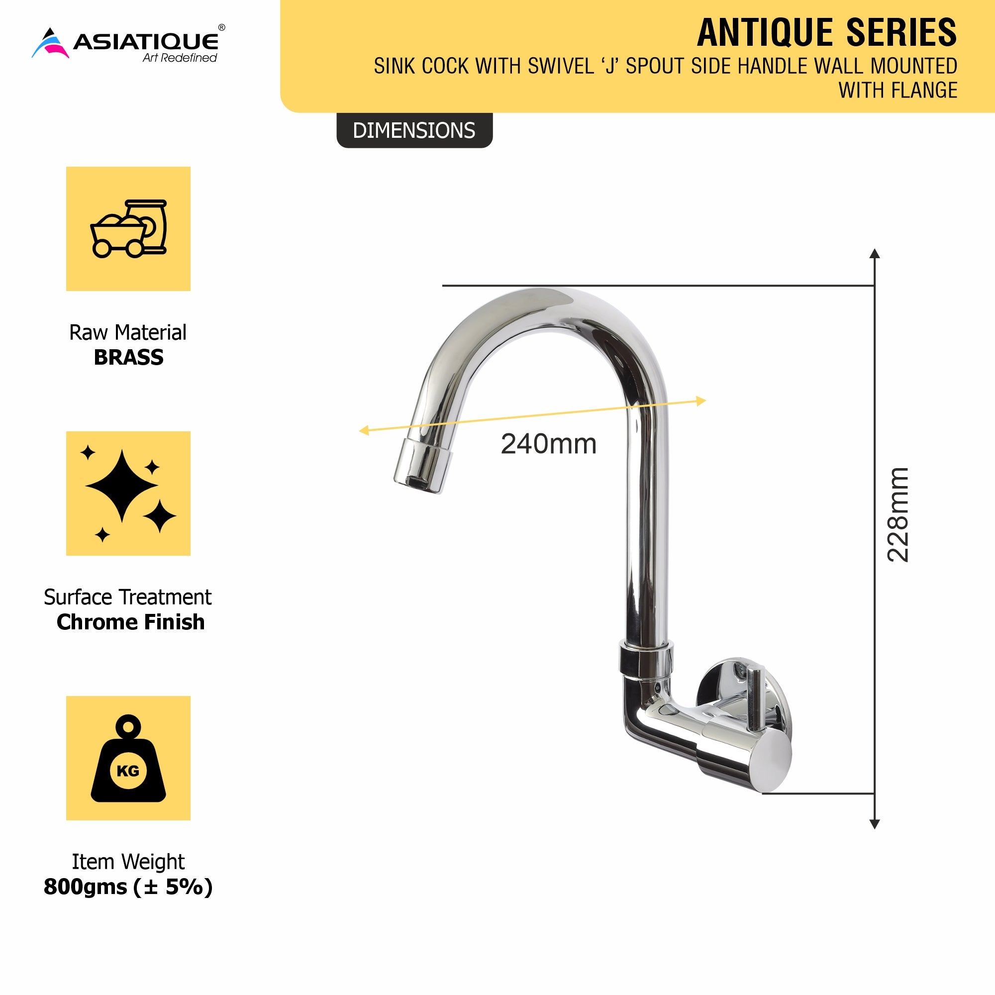 Asiatique Sink Cock with Extended Swivel 'J' Spout Side Handle Wall Mounted with Flange (A-008 SH), Antique Series Premium Faucets & Sink Mixers