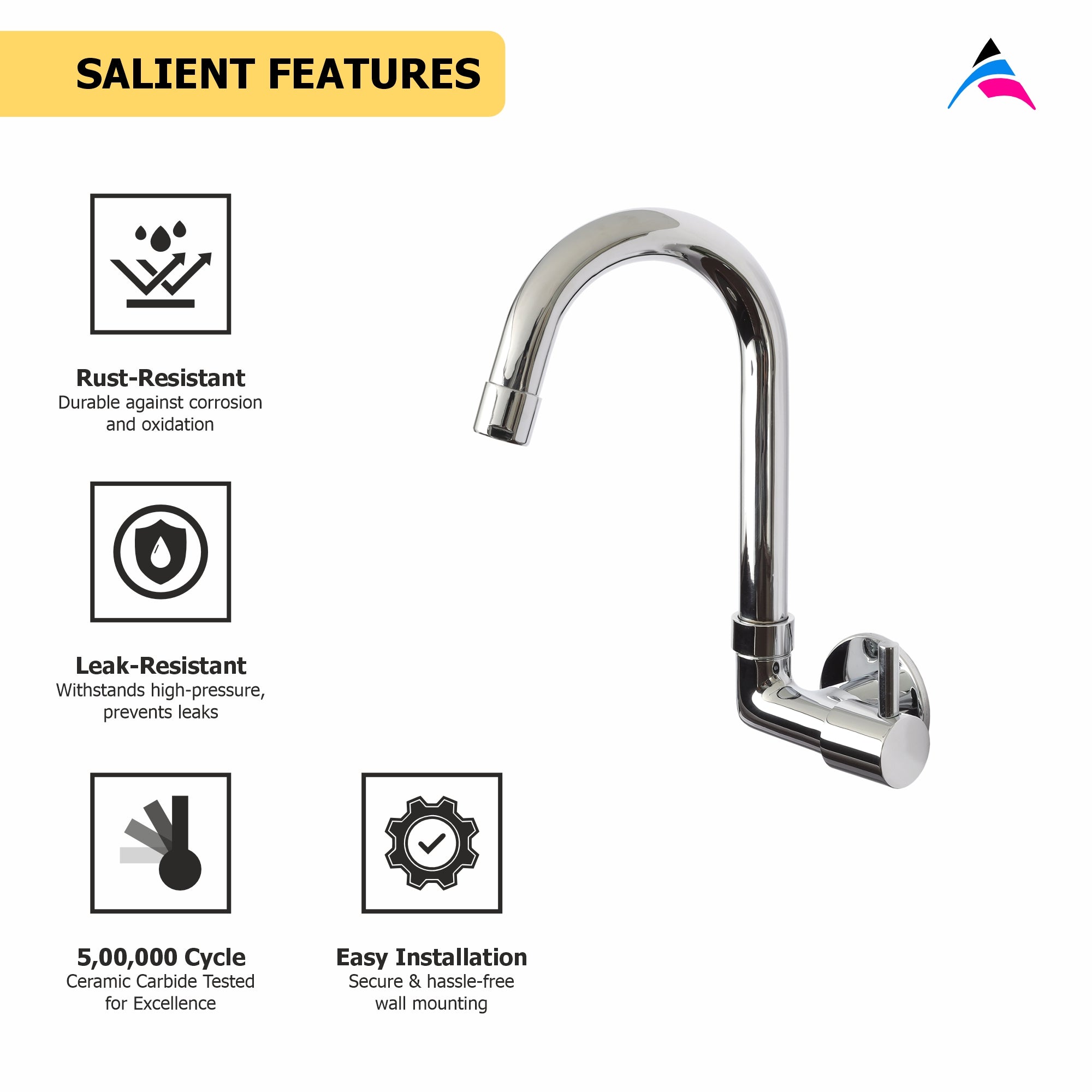 Asiatique Sink Cock with Extended Swivel 'J' Spout Side Handle Wall Mounted with Flange (A-008 SH), Antique Series Premium Faucets & Sink Mixers