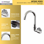 Asiatique Sink Cock with Extended Swivel 'J' Spout Side Handle Wall Mounted with Flange (A-008 SH), Antique Series Premium Faucets & Sink Mixers
