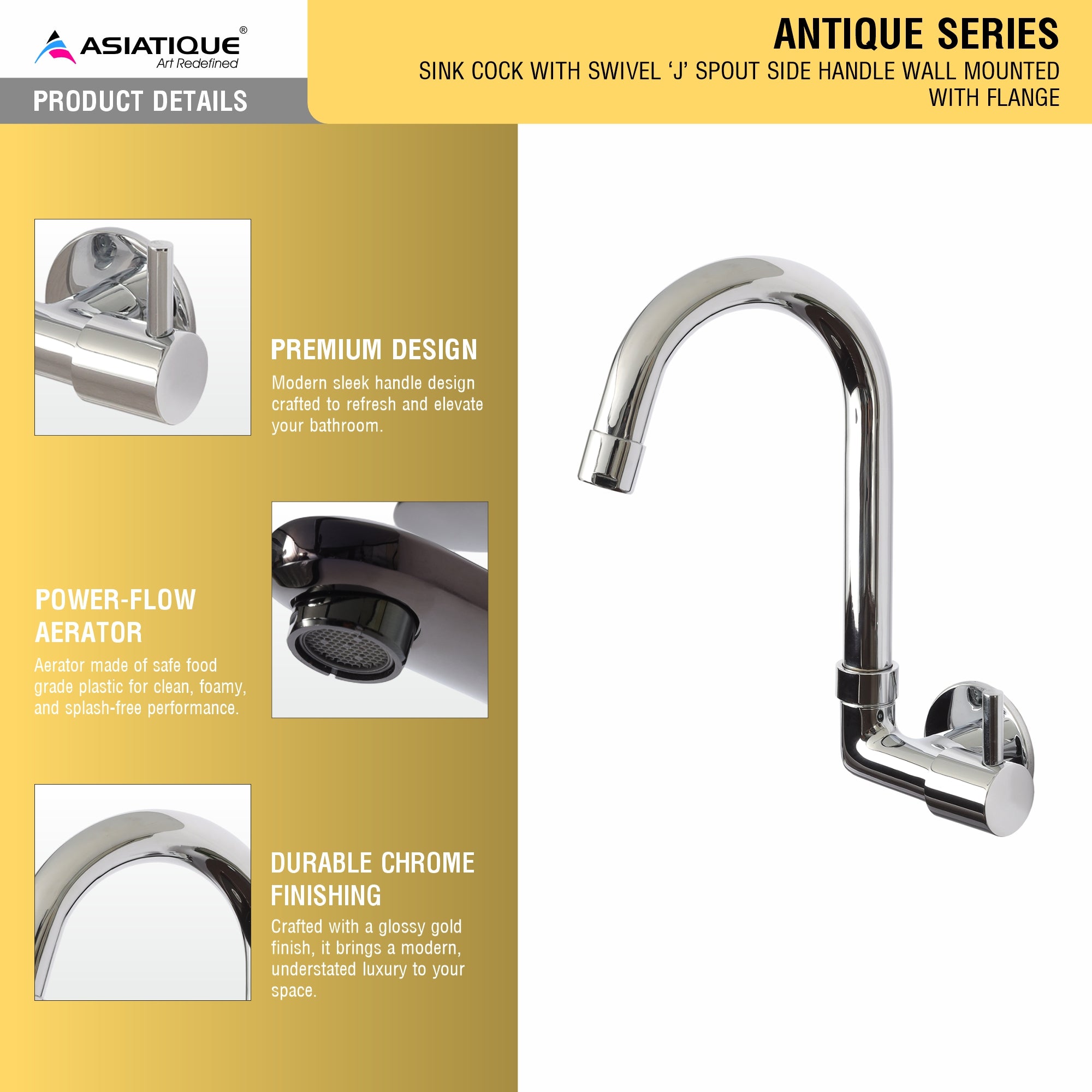 Asiatique Sink Cock with Extended Swivel 'J' Spout Side Handle Wall Mounted with Flange (A-008 SH), Antique Series Premium Faucets & Sink Mixers