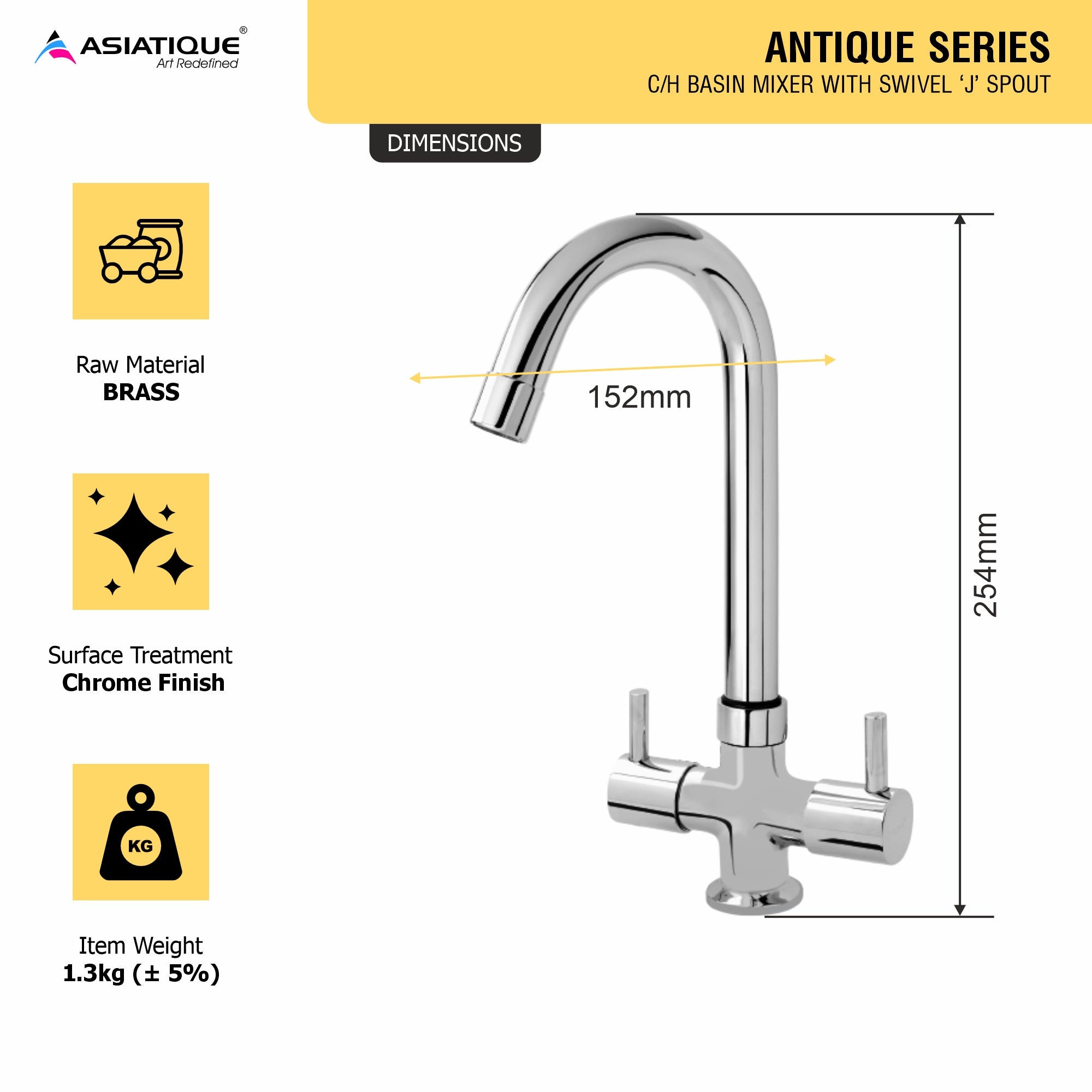 Asiatique C/H Basin Mixer With Swivel 'J' Spout   (A-011), Antique Series Premium Faucets & Sink Mixers
