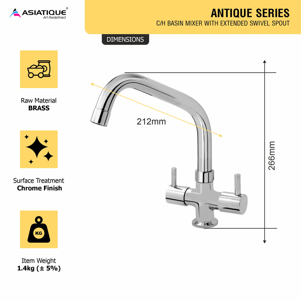 Asiatique C/H Basin Mixer With Extended Swivel Spout   (A-011EX), Antique Series Premium Faucets & Sink Mixers