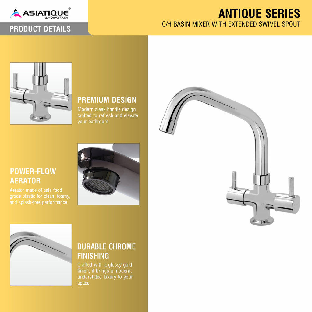 Asiatique C/H Basin Mixer With Extended Swivel Spout   (A-011EX), Antique Series Premium Faucets & Sink Mixers