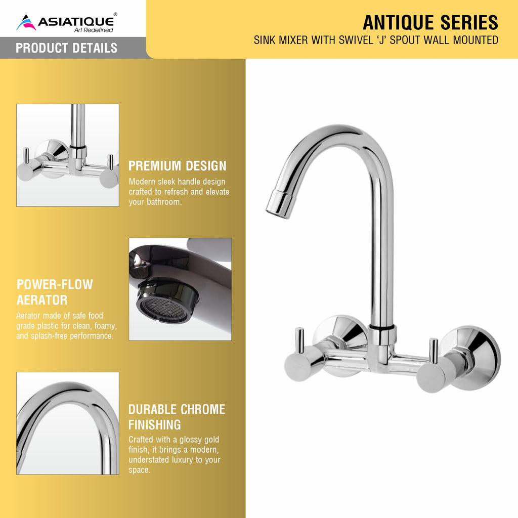 Asiatique Sink Mixer With Swivel 'J' Spout Wall Mounted  (A-013), Antique Series Premium Faucets & Sink Mixers