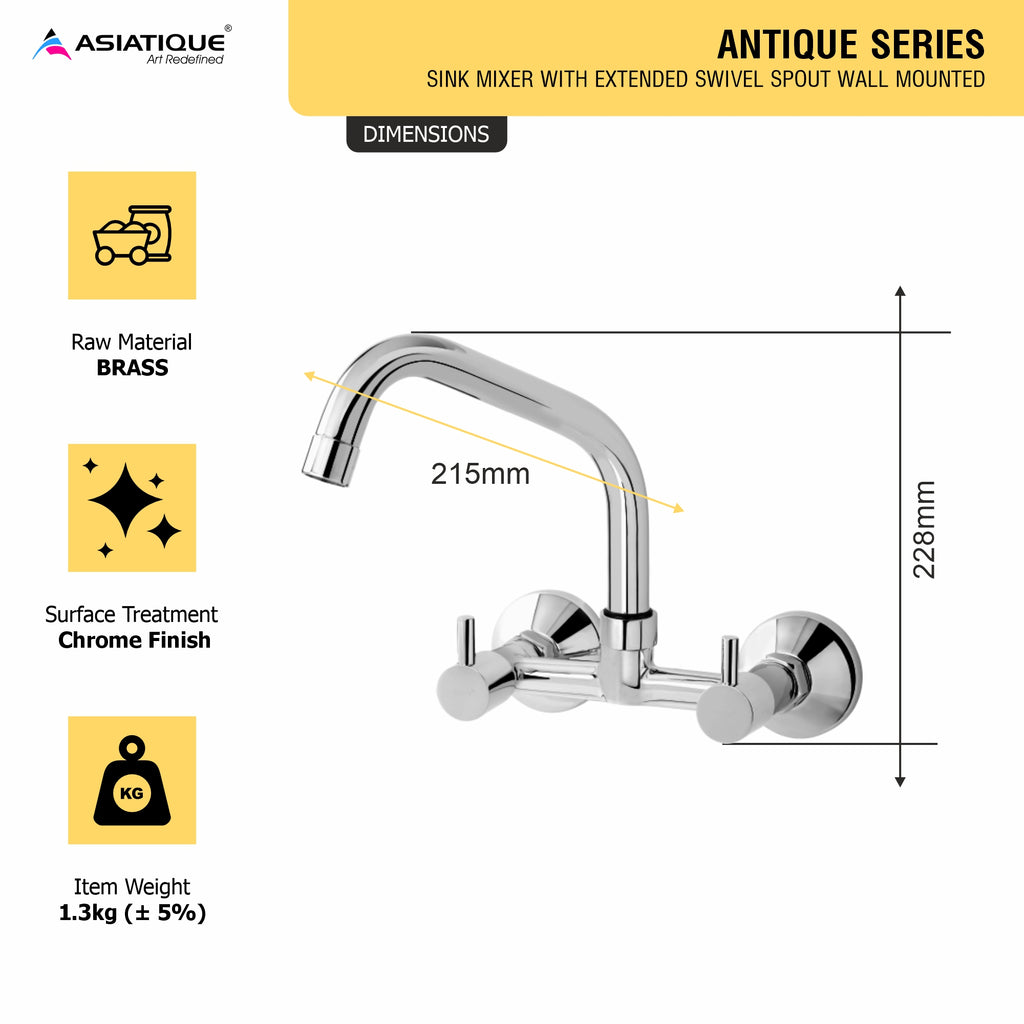 Asiatique Sink Mixer with Extended Swivel Spout Wall Mounted  (A-013EX), Antique Series Premium Faucets & Sink Mixers