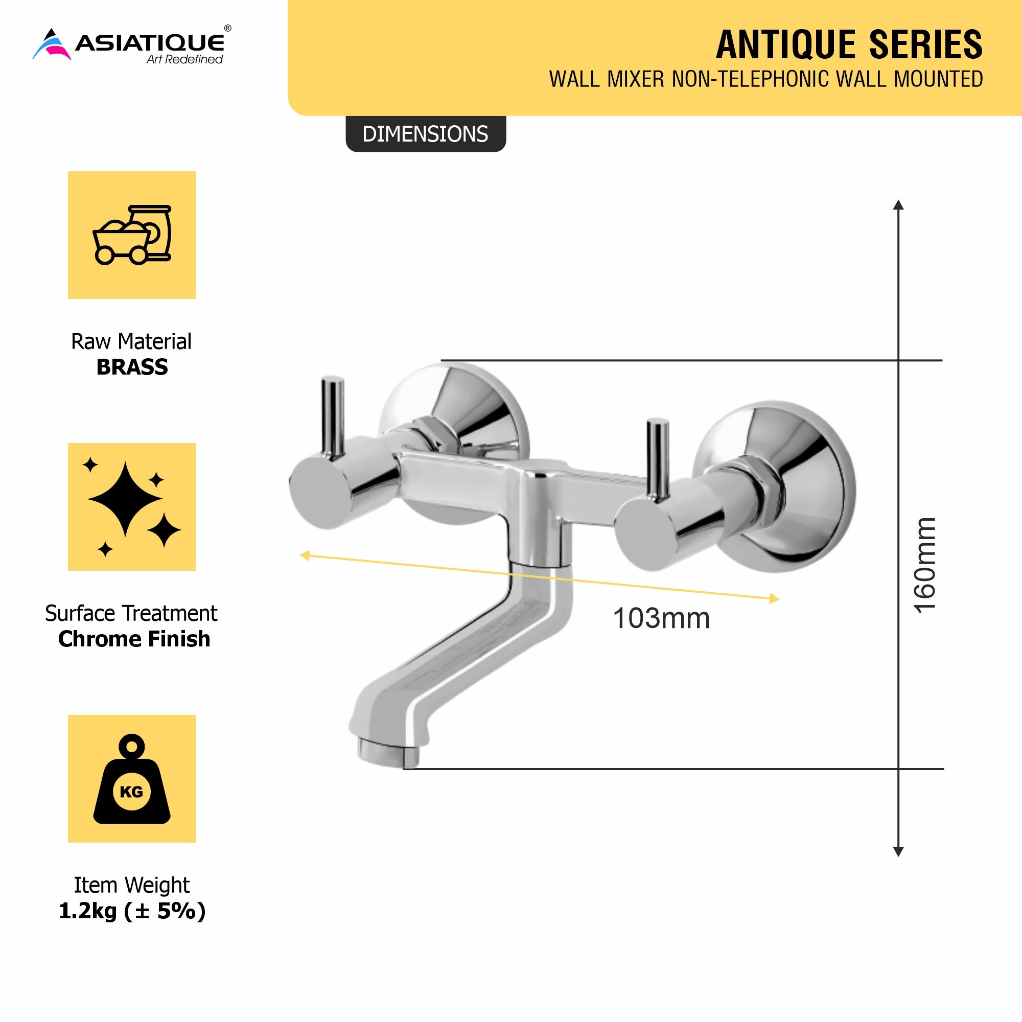 Asiatique Wall Mixer Non-Telephonic Wall Mounted (A-014), Antique Series Premium Faucets & Sink Mixers