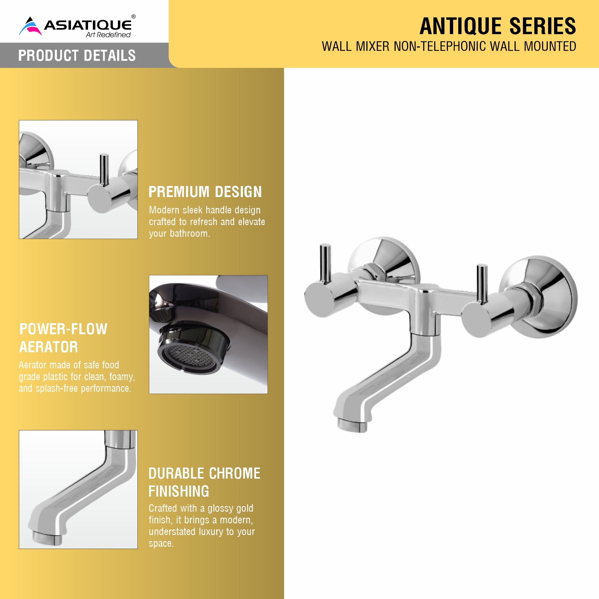 Asiatique Wall Mixer Non-Telephonic Wall Mounted (A-014), Antique Series Premium Faucets & Sink Mixers