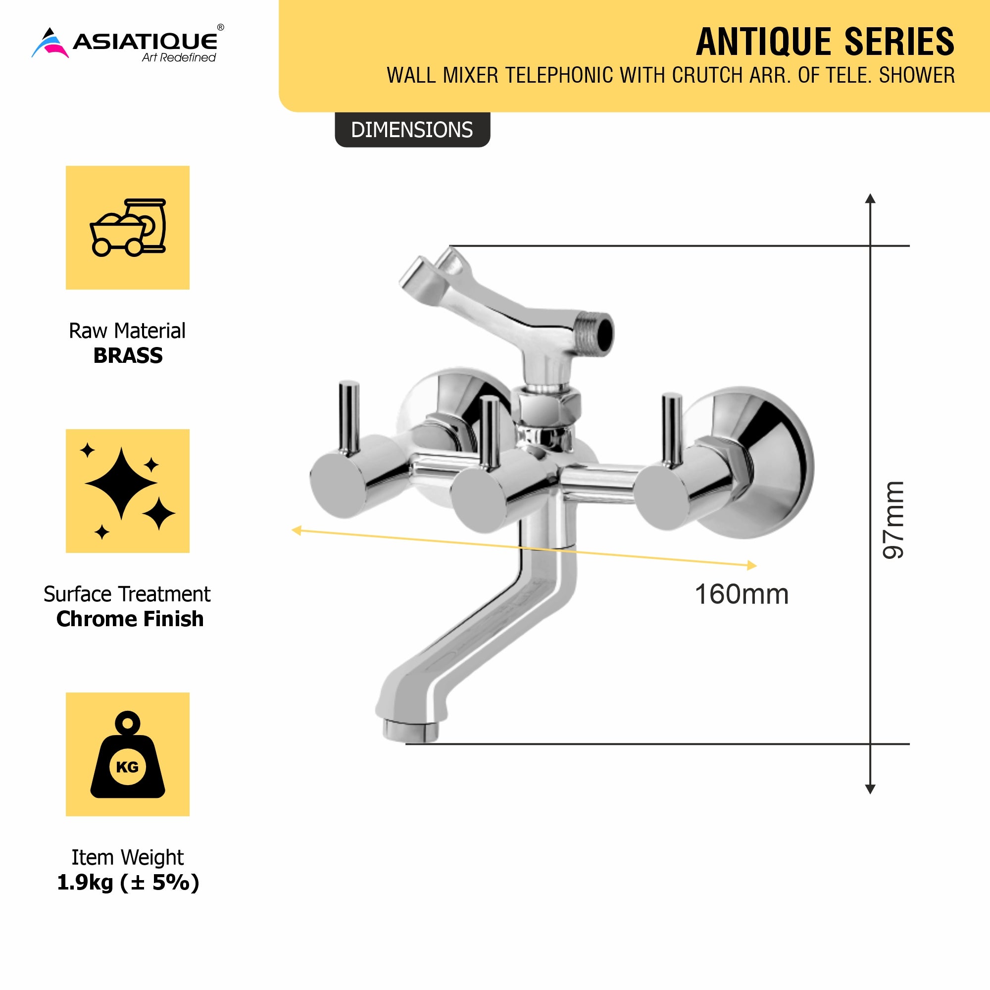 Asiatique Wall Mixer Telephonic With Crutch ARR of  shower (A-016), Antique Series Premium Faucets & Sink Mixers