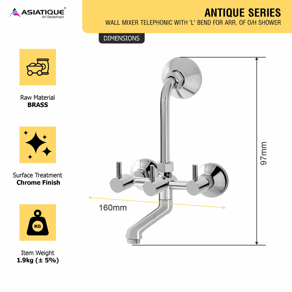 Asiatique Wall Mixer Telephonic With 'L' Bend for ARR. O/H shower (A-017), Antique Series Premium Faucets & Sink Mixers