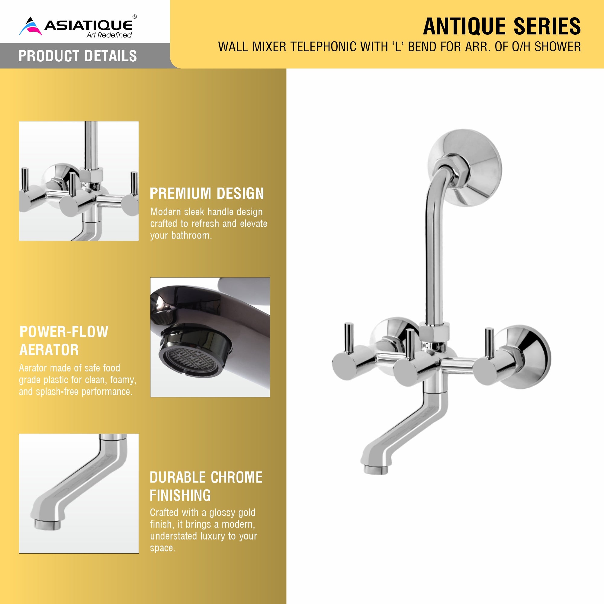 Asiatique Wall Mixer Telephonic With 'L' Bend for ARR. O/H shower (A-017), Antique Series Premium Faucets & Sink Mixers