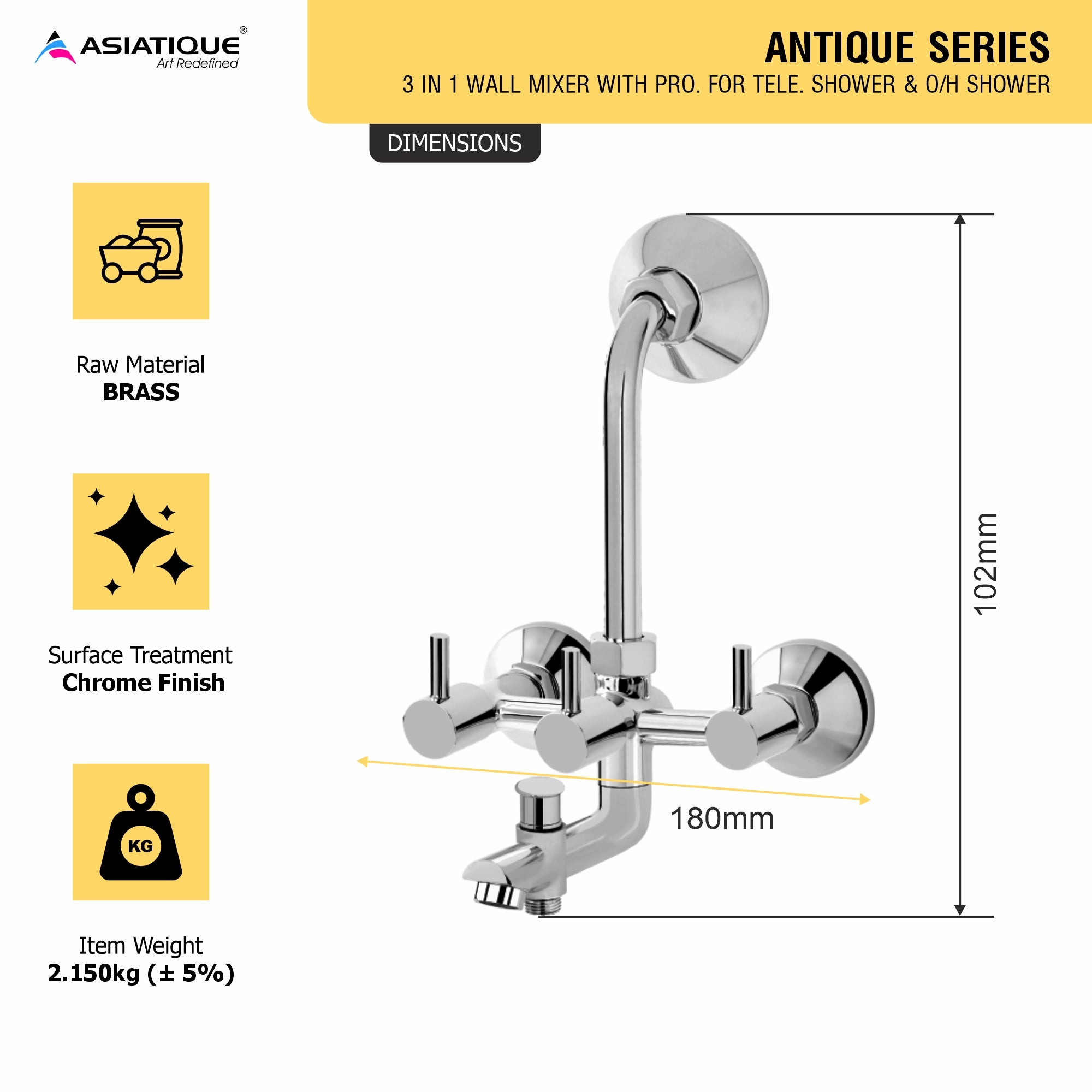 Asiatique 3 in 1 Wall Mixer With Pro. fro Tele. Shower & O/H shower (A-018), Antique Series Premium Faucets & Sink Mixers