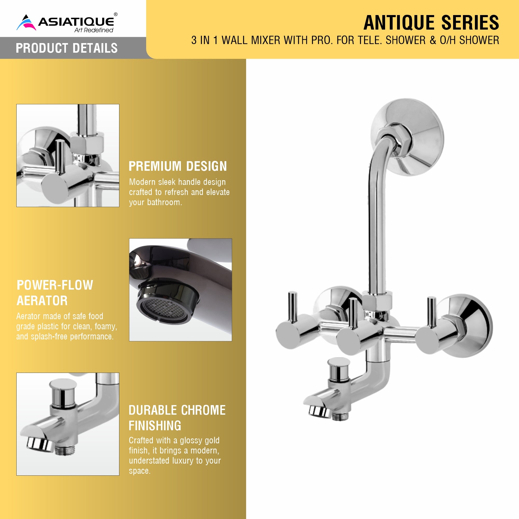 Asiatique 3 in 1 Wall Mixer With Pro. fro Tele. Shower & O/H shower (A-018), Antique Series Premium Faucets & Sink Mixers