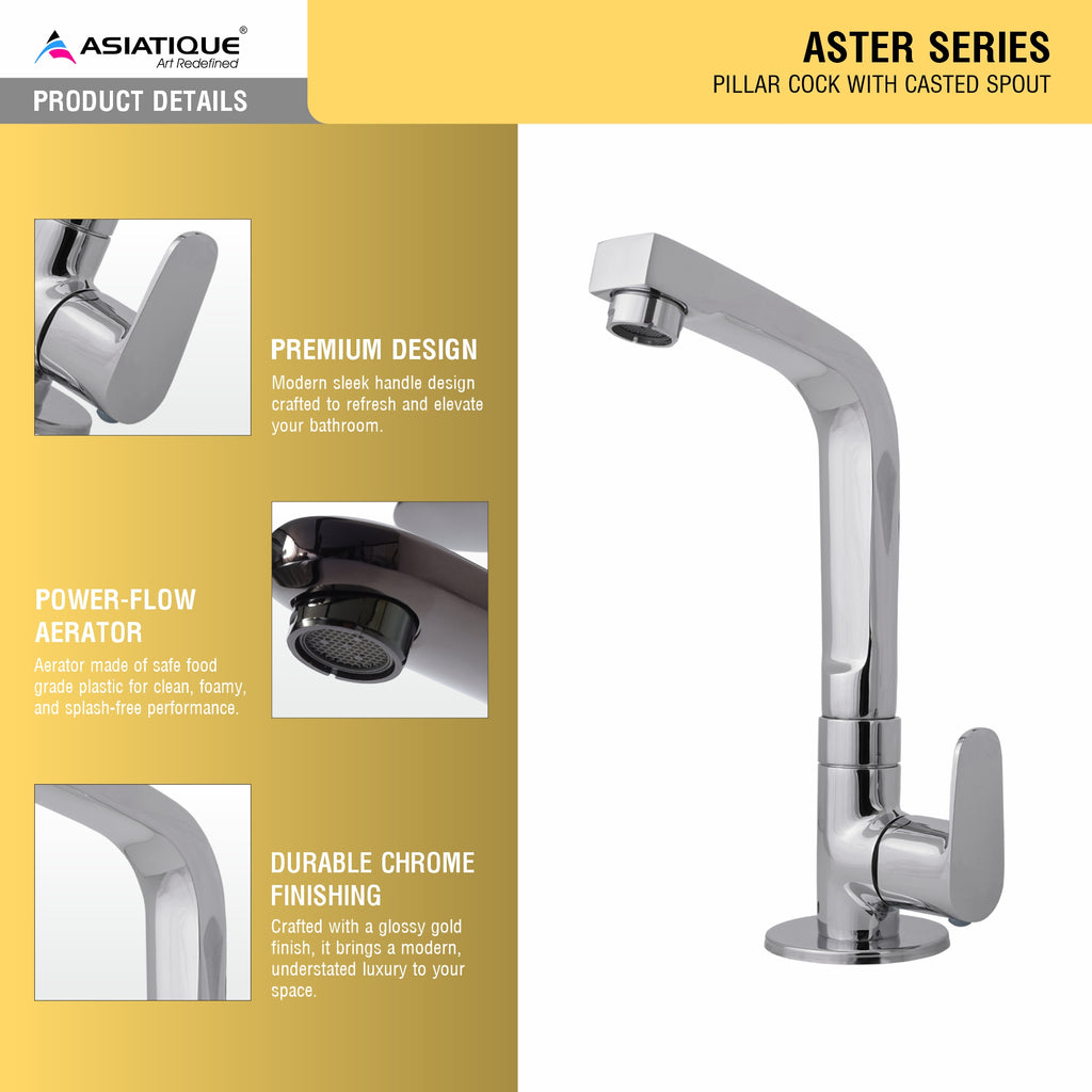 Asiatique Pillar Cock Casted Spout (AS-002), Aster Series Bathroom & Kitchen Faucets | Premium Modern Tap Collection