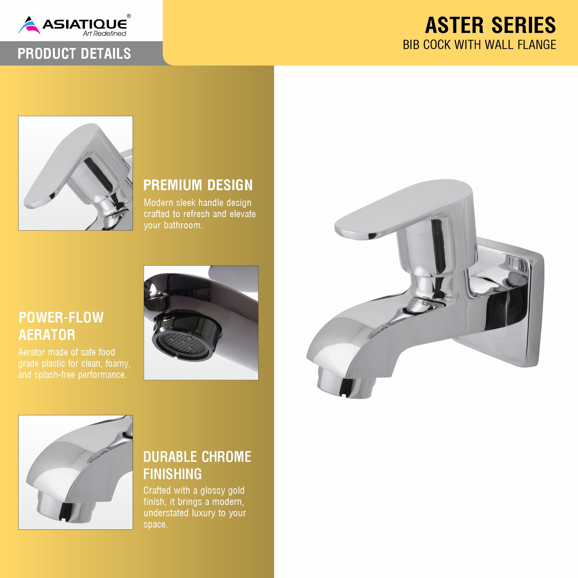Asiatique Bib Cock With Wall Flange (AS-003), Aster Series Bathroom & Kitchen Faucets | Premium Modern Tap Collection