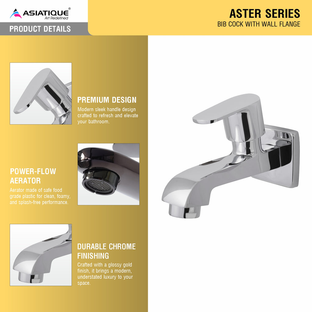 Asiatique Bib Cock Long Body With Wall Flange (AS-004), Aster Series Bathroom & Kitchen Faucets | Premium Modern Tap Collection