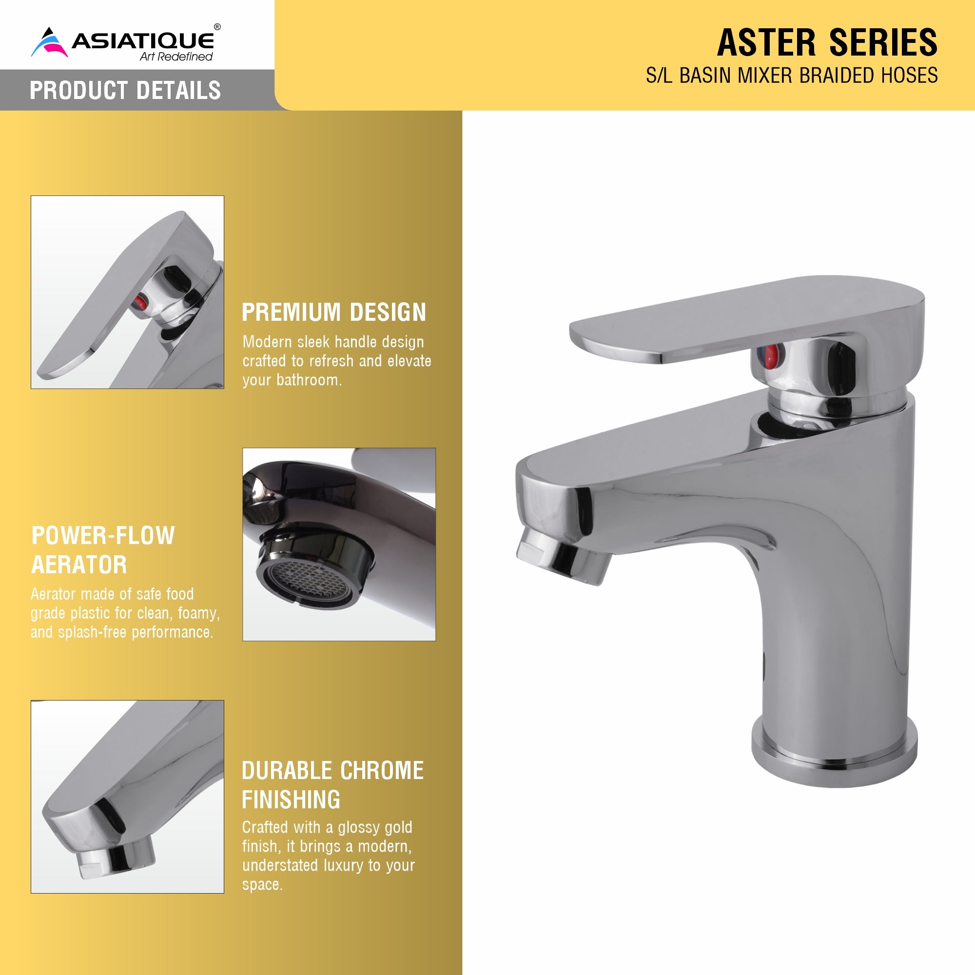 Asiatique S/L Basin Mixer Braided Hoses (AS-009), Aster Series Bathroom & Kitchen Faucets | Premium Modern Tap Collection