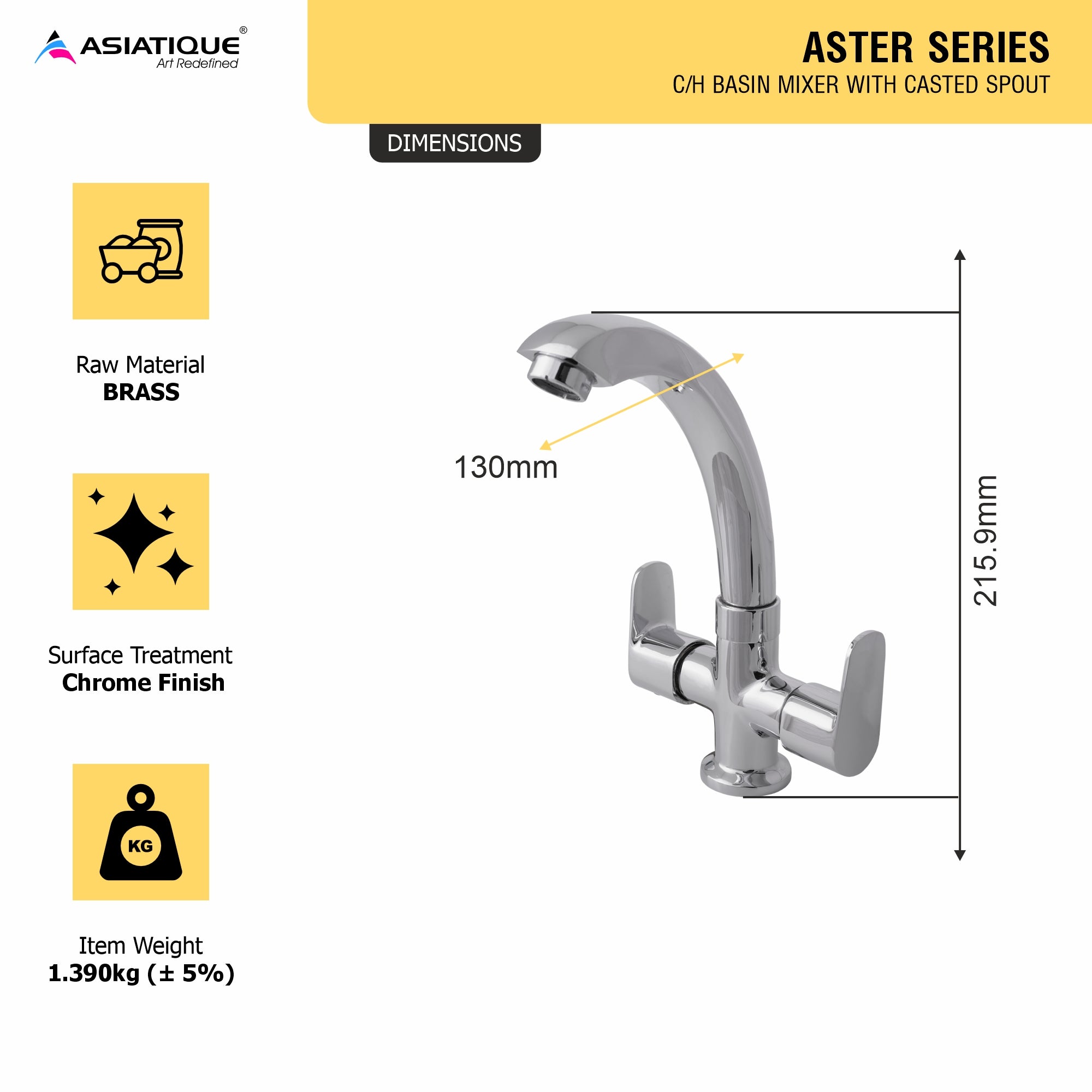 Asiatique C/H Basin Mixer With Casted Spout (AS-011), Aster Series Bathroom & Kitchen Faucets | Premium Modern Tap Collection