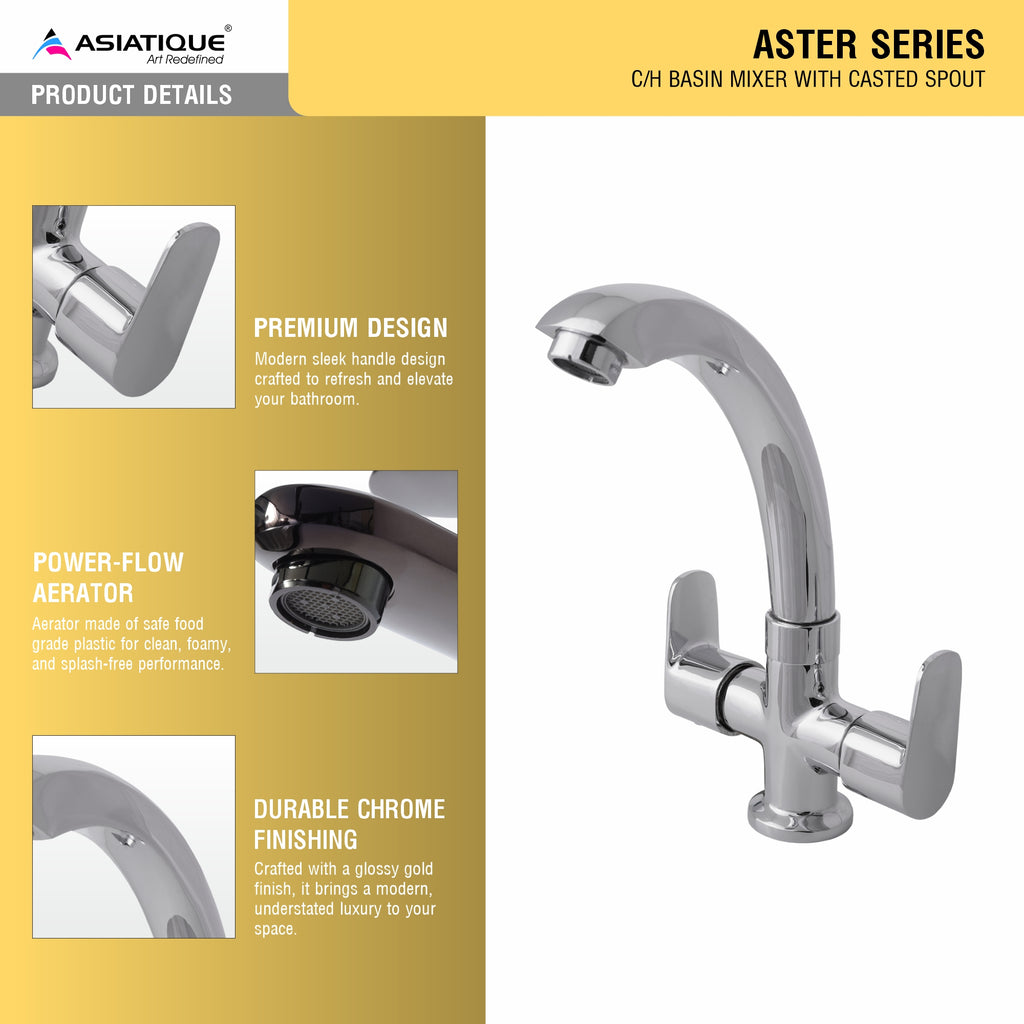 Asiatique C/H Basin Mixer With Casted Spout (AS-011), Aster Series Bathroom & Kitchen Faucets | Premium Modern Tap Collection
