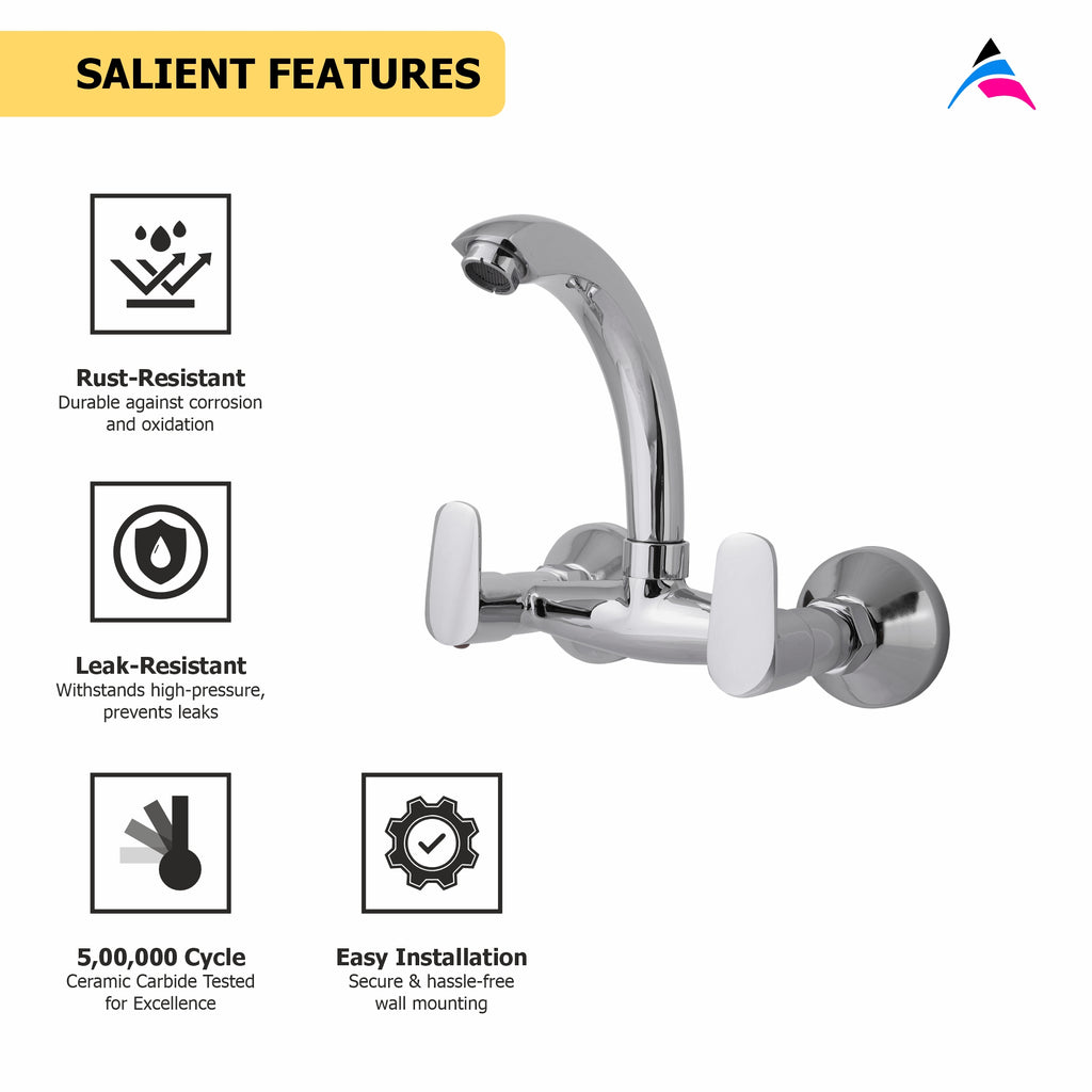 Asiatique Sink Mixer With Casted Spout Wall Mounted (AS-013), Aster Series Bathroom & Kitchen Faucets | Premium Modern Tap Collection