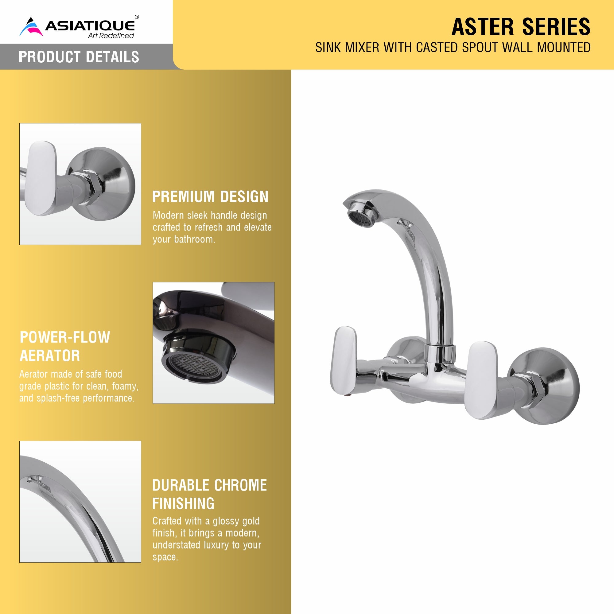 Asiatique Sink Mixer With Casted Spout Wall Mounted (AS-013), Aster Series Bathroom & Kitchen Faucets | Premium Modern Tap Collection