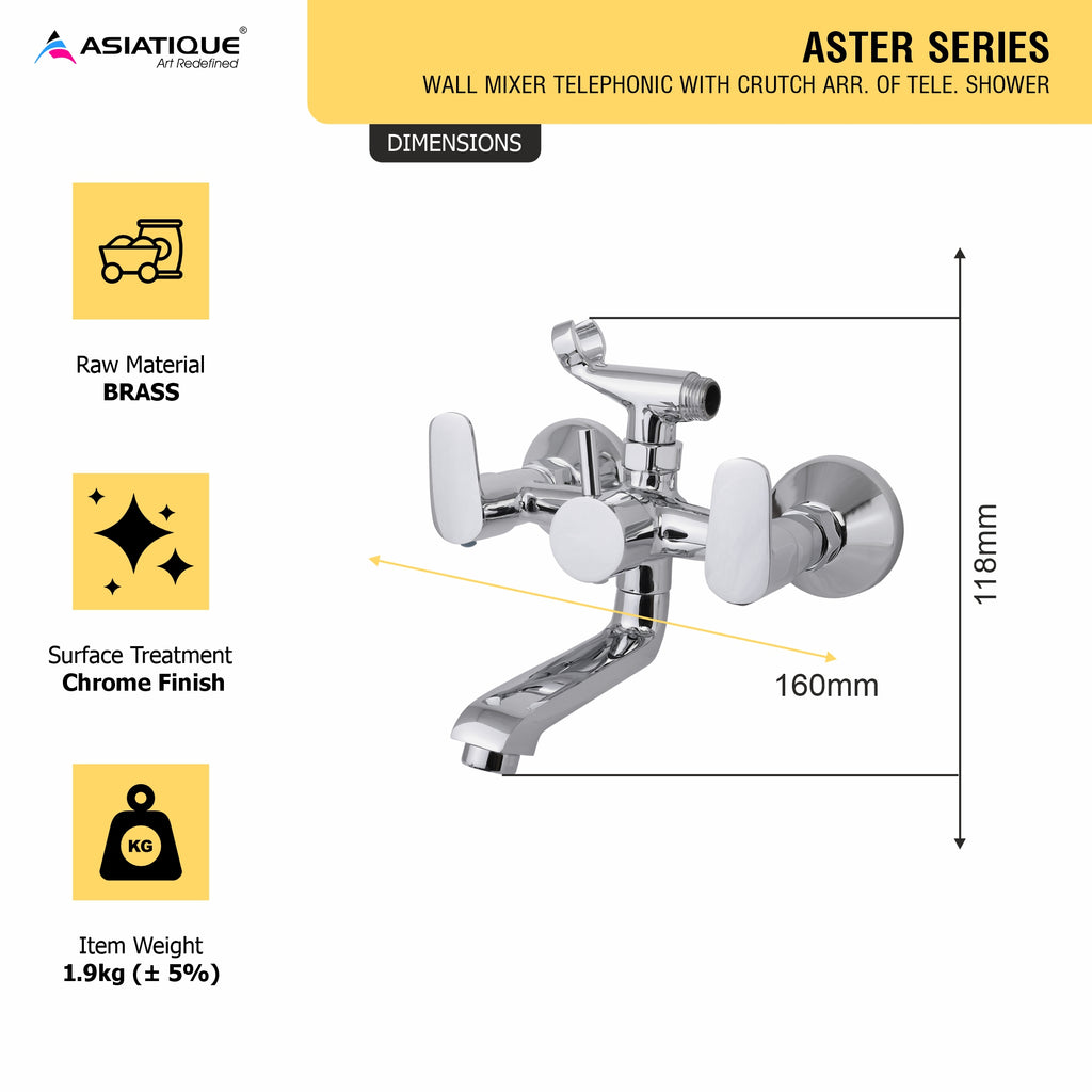 Asiatique Wall Mixer Tele. With Crutch ARR. of Tele. Shower (AS-016), Aster Series Bathroom & Kitchen Faucets | Premium Modern Tap Collection