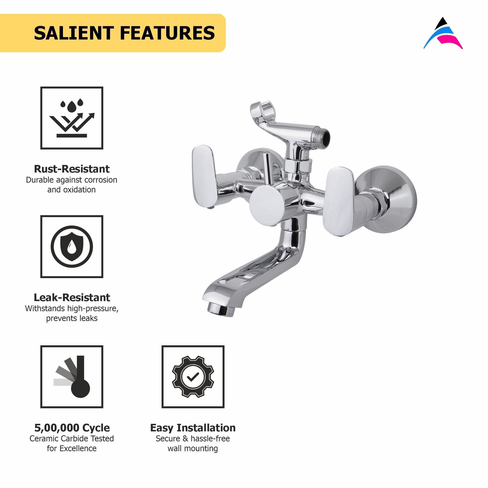 Asiatique Wall Mixer Tele. With Crutch ARR. of Tele. Shower (AS-016), Aster Series Bathroom & Kitchen Faucets | Premium Modern Tap Collection