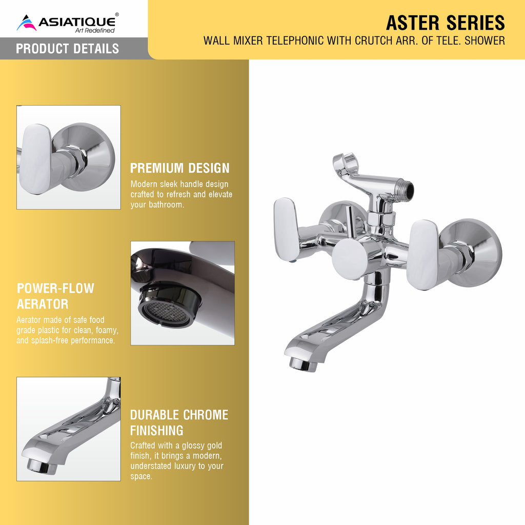 Asiatique Wall Mixer Tele. With Crutch ARR. of Tele. Shower (AS-016), Aster Series Bathroom & Kitchen Faucets | Premium Modern Tap Collection
