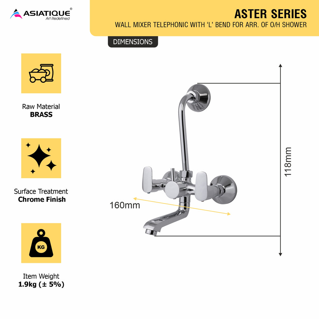 Asiatique Wall Mixer Tele. With 'L' Bend for ARR. of O/H Shower (AS-017), Aster Series Bathroom & Kitchen Faucets | Premium Modern Tap Collection