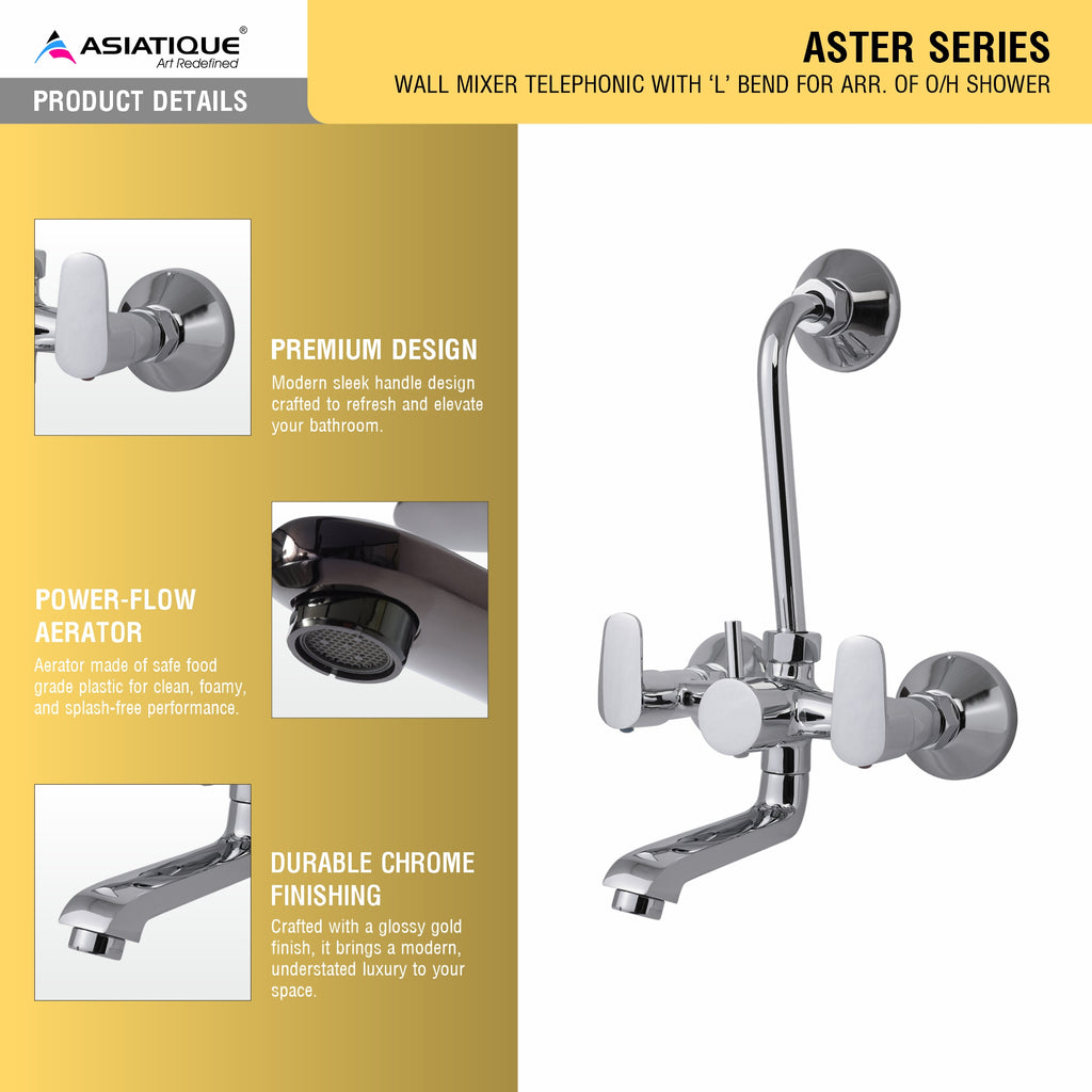 Asiatique Wall Mixer Tele. With 'L' Bend for ARR. of O/H Shower (AS-017), Aster Series Bathroom & Kitchen Faucets | Premium Modern Tap Collection