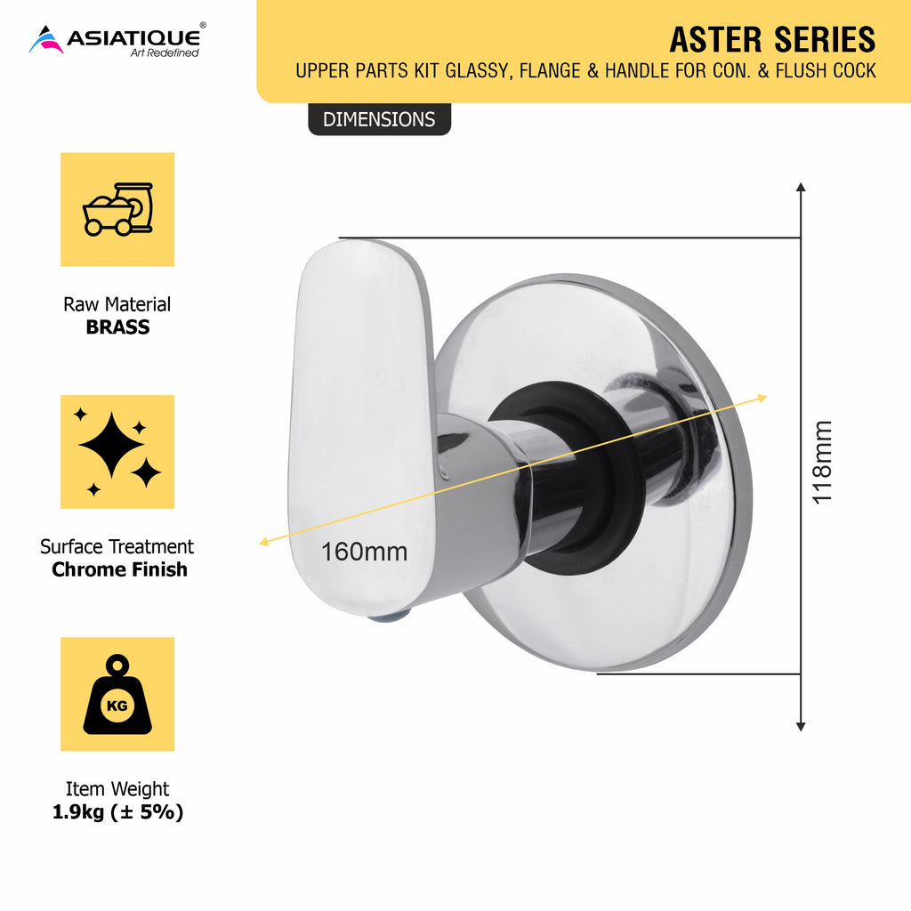 Asiatique Upper Parts Kit Glassy, Flange & Handle for Con. & Flush Cock (AS-021U), Aster Series Bathroom & Kitchen Faucets | Premium Modern Tap Collection