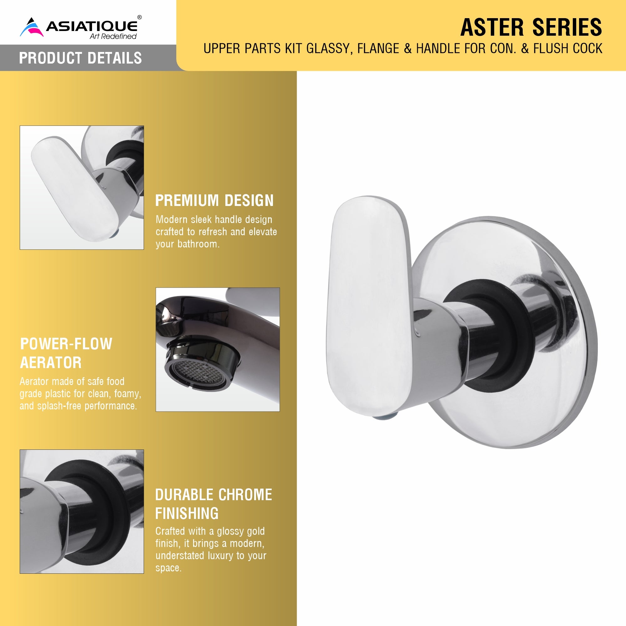 Asiatique Upper Parts Kit Glassy, Flange & Handle for Con. & Flush Cock (AS-021U), Aster Series Bathroom & Kitchen Faucets | Premium Modern Tap Collection