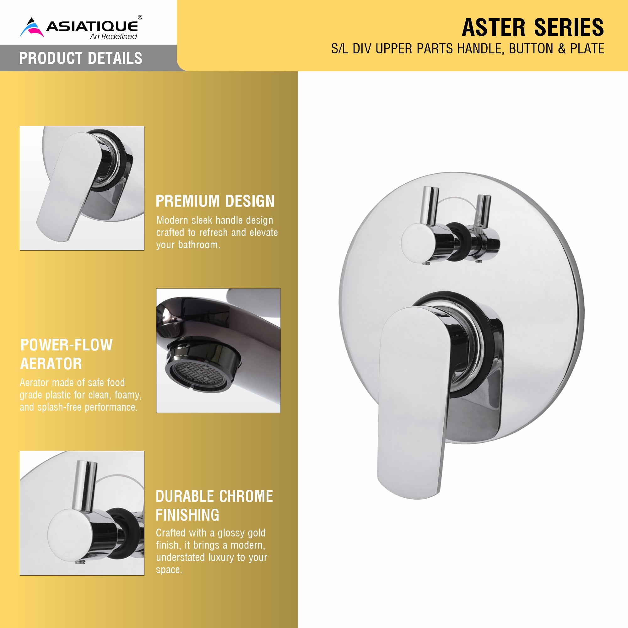 Asiatique S/L Div Upper Parts Handle, Button & Plate (AS-024), Aster Series Bathroom & Kitchen Faucets | Premium Modern Tap Collection