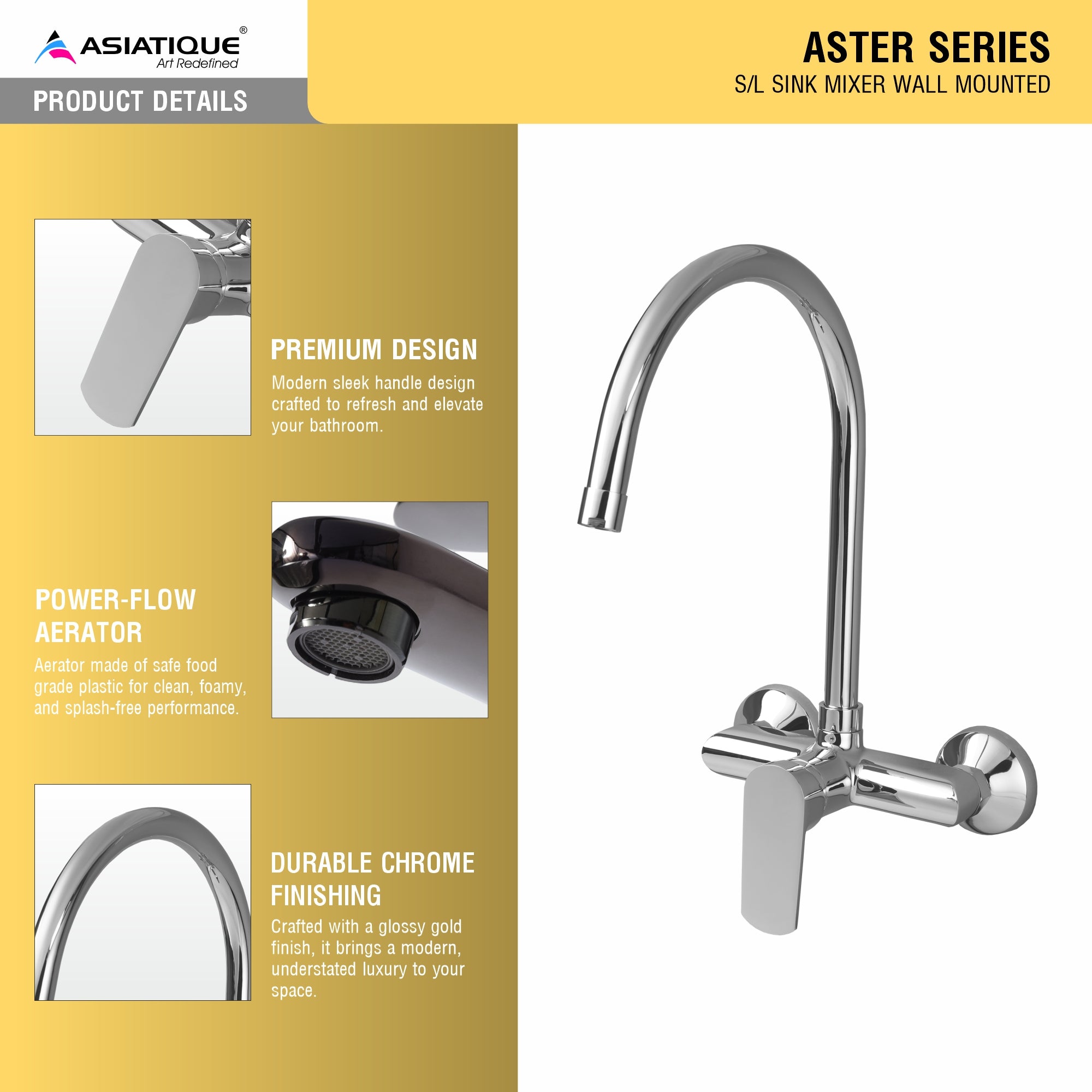 Asiatique S/L Sink Mixer Wall Mounted (AS-031), Aster Series Bathroom & Kitchen Faucets | Premium Modern Tap Collection