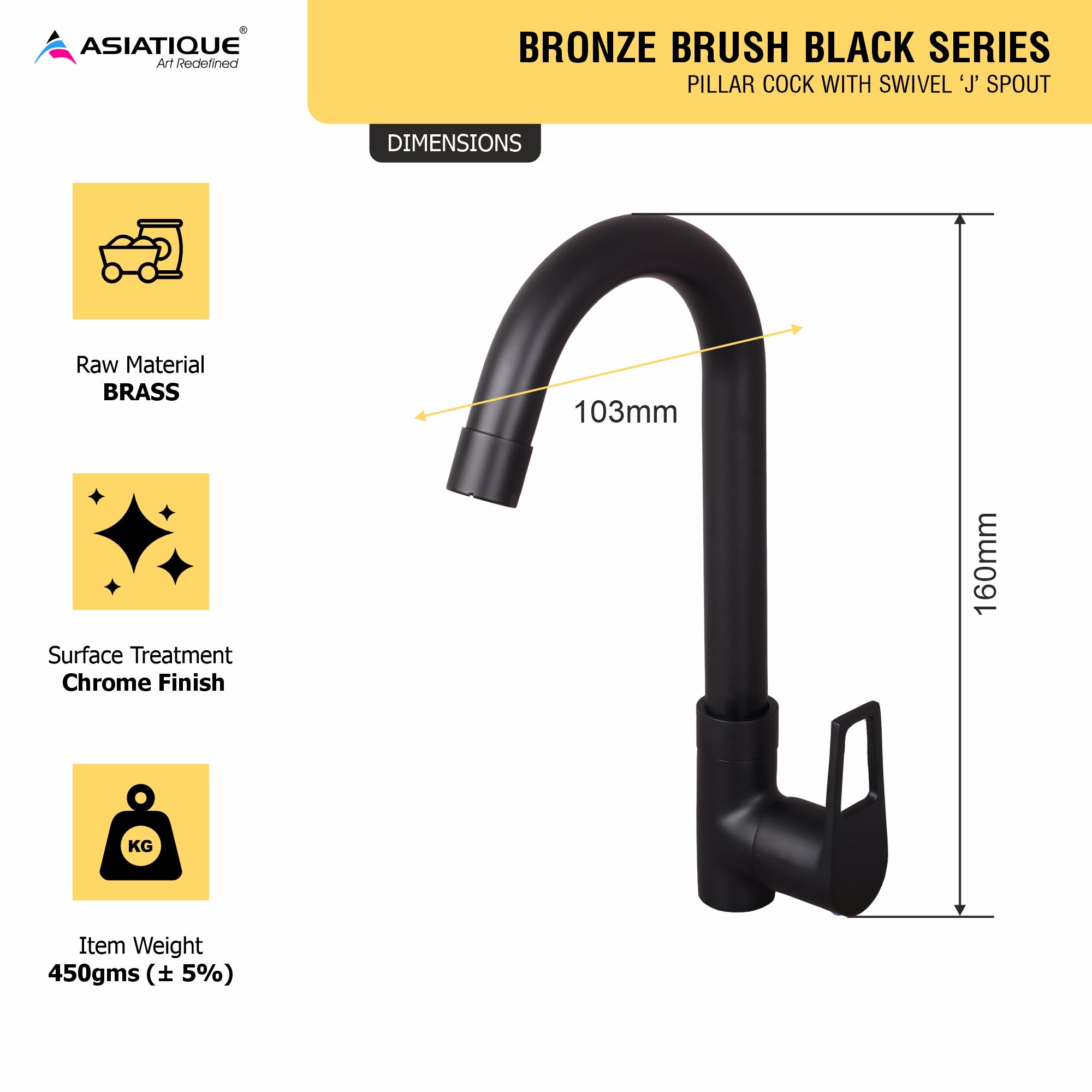 Asiatique Pillar Cock With Swivel ‘J’ Spout (BB-002 M), Bronze Brush Black Series Bathroom & Kitchen Faucets