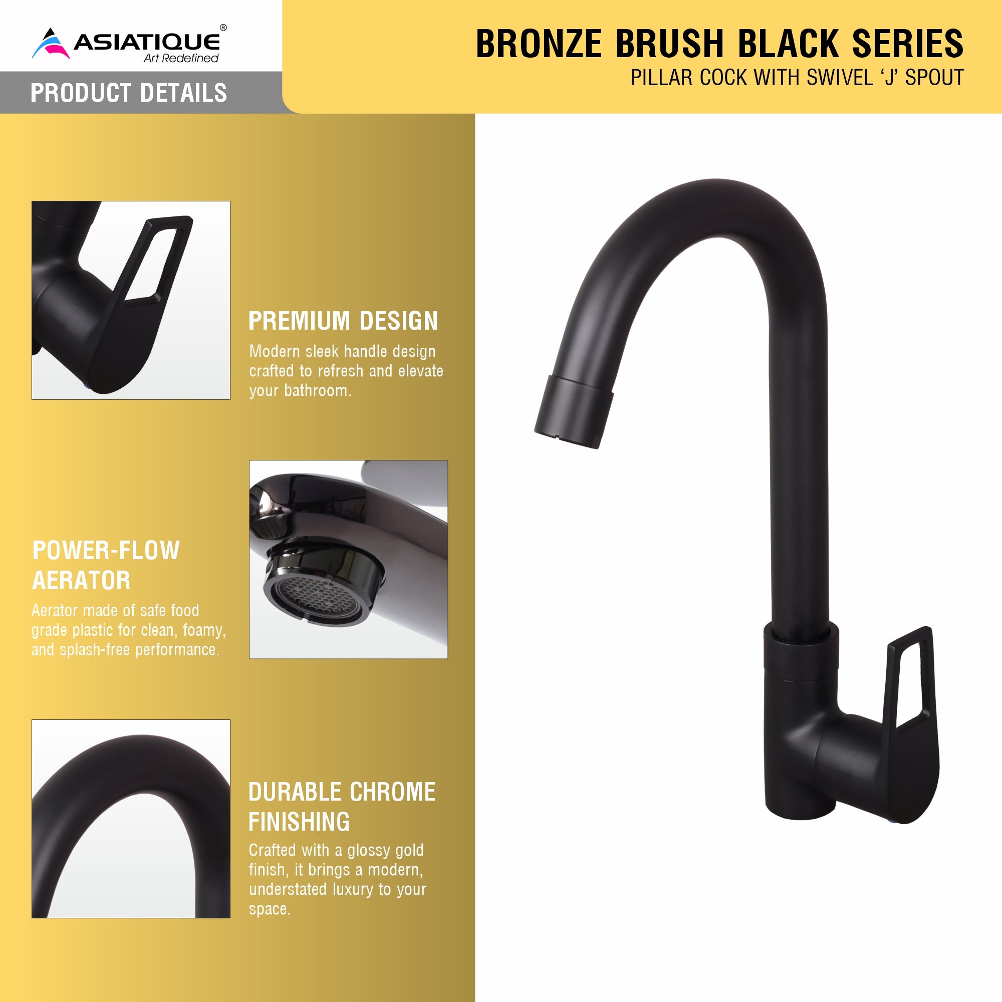 Asiatique Pillar Cock With Swivel ‘J’ Spout (BB-002 M), Bronze Brush Black Series Bathroom & Kitchen Faucets